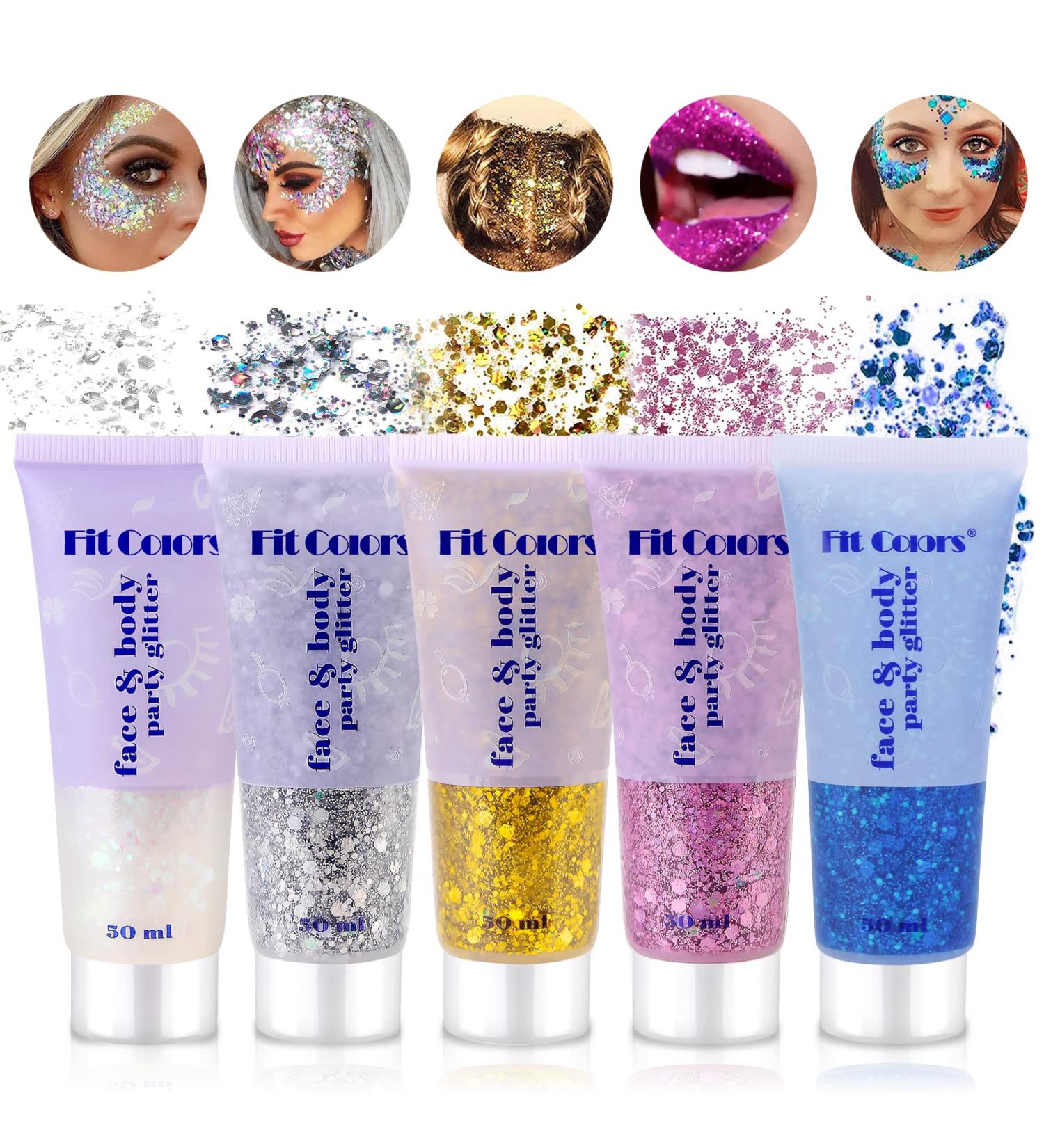 Vegena Body Glitter Gel - 5-Pack Chunky Face & Hair Makeup for Festivals | White Silver Gold Pink Blue - Buy Online on GoSupps.com