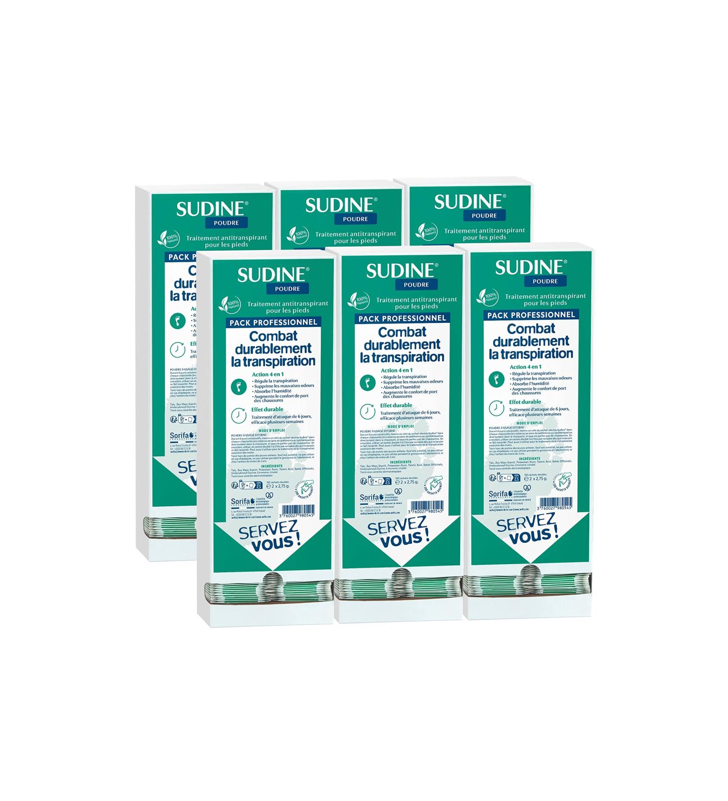 SORIFA - Pack of 6 - Sudine Powder Antiperspirant Treatment - Foot - Regulates perspiration - Absorbs - Prevents mycoses - Without aluminum salts - Made in France - Box of 100 double sachets - Buy Online on GoSupps.com