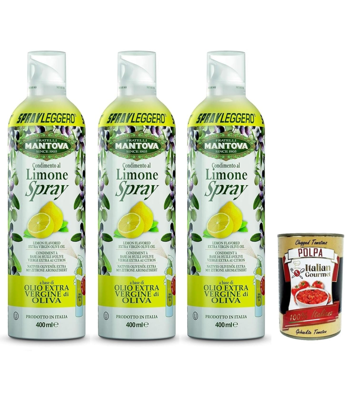 Italian Gourmet E.R. SPRAYLEGGERO Pack of 3 bottles of extra virgin olive oil flavored with lemon 400 ml thanks to the practical sprayer you can save up to 90% of the oil + 400 g gourmet Italian polpa - Buy Online on GoSupps.com