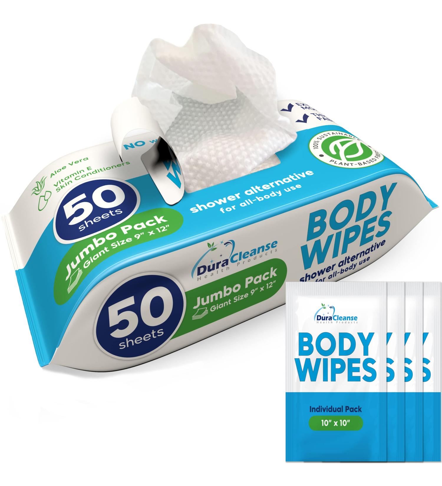 XL Body Wipes (50 Count) + 4 Travel Bath Wipes | Thick Cleansing Shower Wipes for Adults | Aloe Vera & Vitamin E | No Rinse Disposable Washcloths for Bathing, Camping, Elderly Incontinence | 1 Pack - 50 Count - Buy Online on GoSupps.com