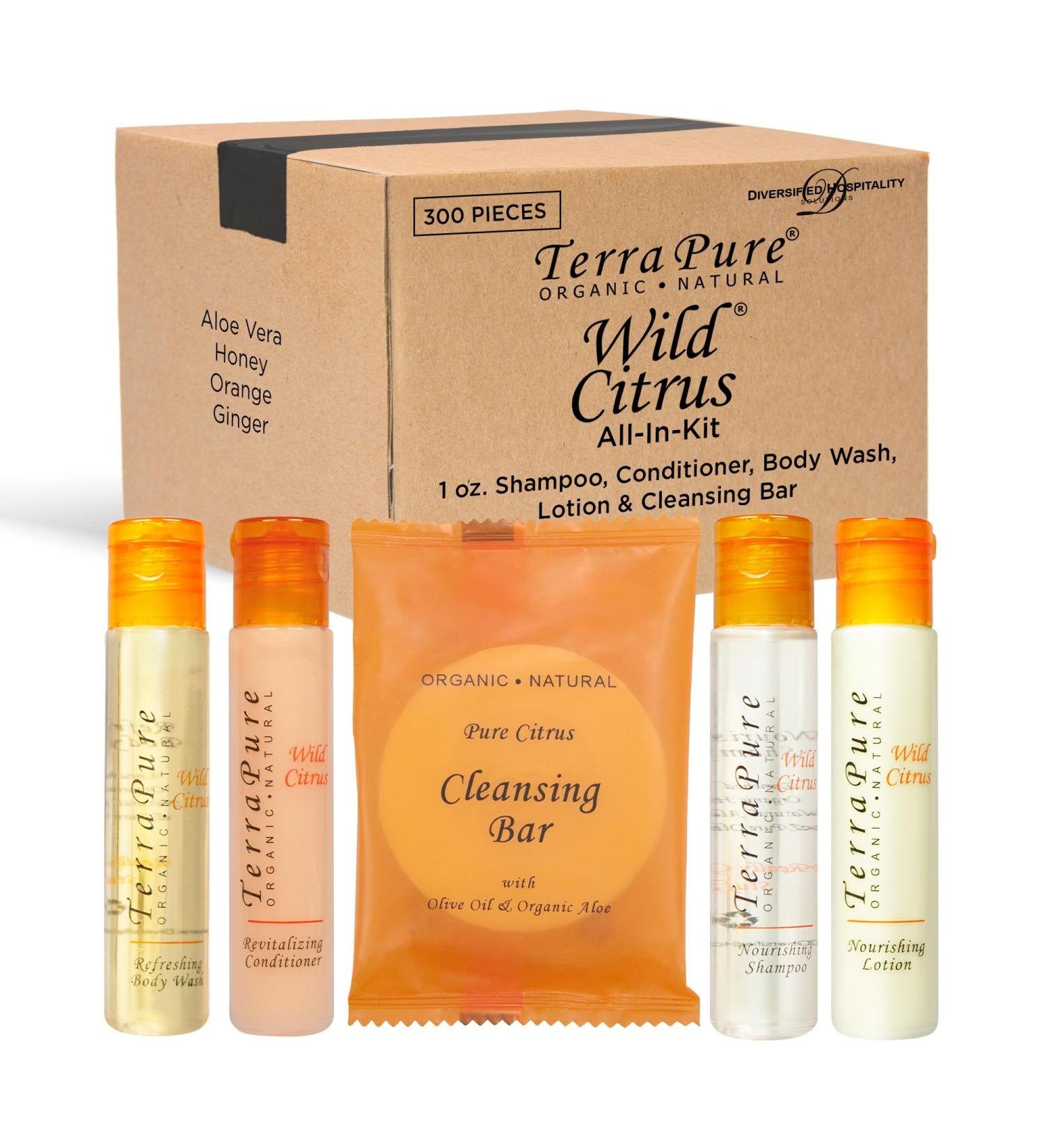 Terra Pure Wild Citrus Hotel Amenities Set - 300 Organic Paraben-Free 1oz Shampoo Conditioner Body Wash Lotion & Soap Bar - Ideal for International eCommerce - Buy Online on GoSupps.com