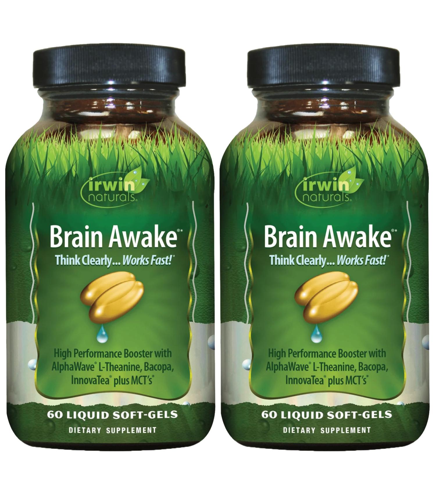 Irwin Naturals Brain Awake - 60 Liquid Softgels, Pack of 2 - Enhanced Mental Performance, Increased Focus, Clarity & Concentration - Nootropic Booster with L-Theanine, Bacopa, MCTs - Buy Online on GoSupps.com