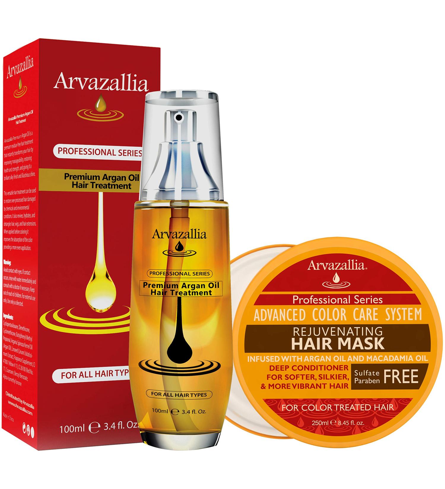 Arvazallia Rejuvenating Hair Mask and Premium Argan Oil Hair Treatment Products Bundle - Deep Conditioning Color Protection and Damage Repair For Color-treated Hair