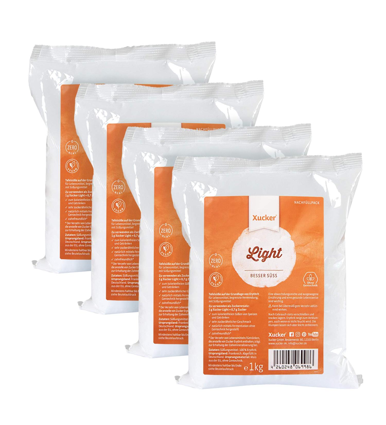Xucker Light Erythritol Sugar Replacement - 0 Calorie Vegan Tooth-Friendly - 4x1kg Refill Pack - Shop Internationally! - Buy Online on GoSupps.com