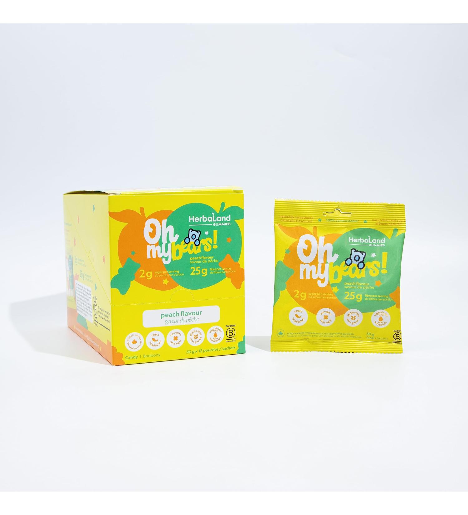 Herbaland Oh My! Gummies Snacks Low-Sugar High-Fiber Vegan Gluten-Free 12 x 50g (Box of 12) Compostable Pouch Peach Flavor - Buy Online on GoSupps.com