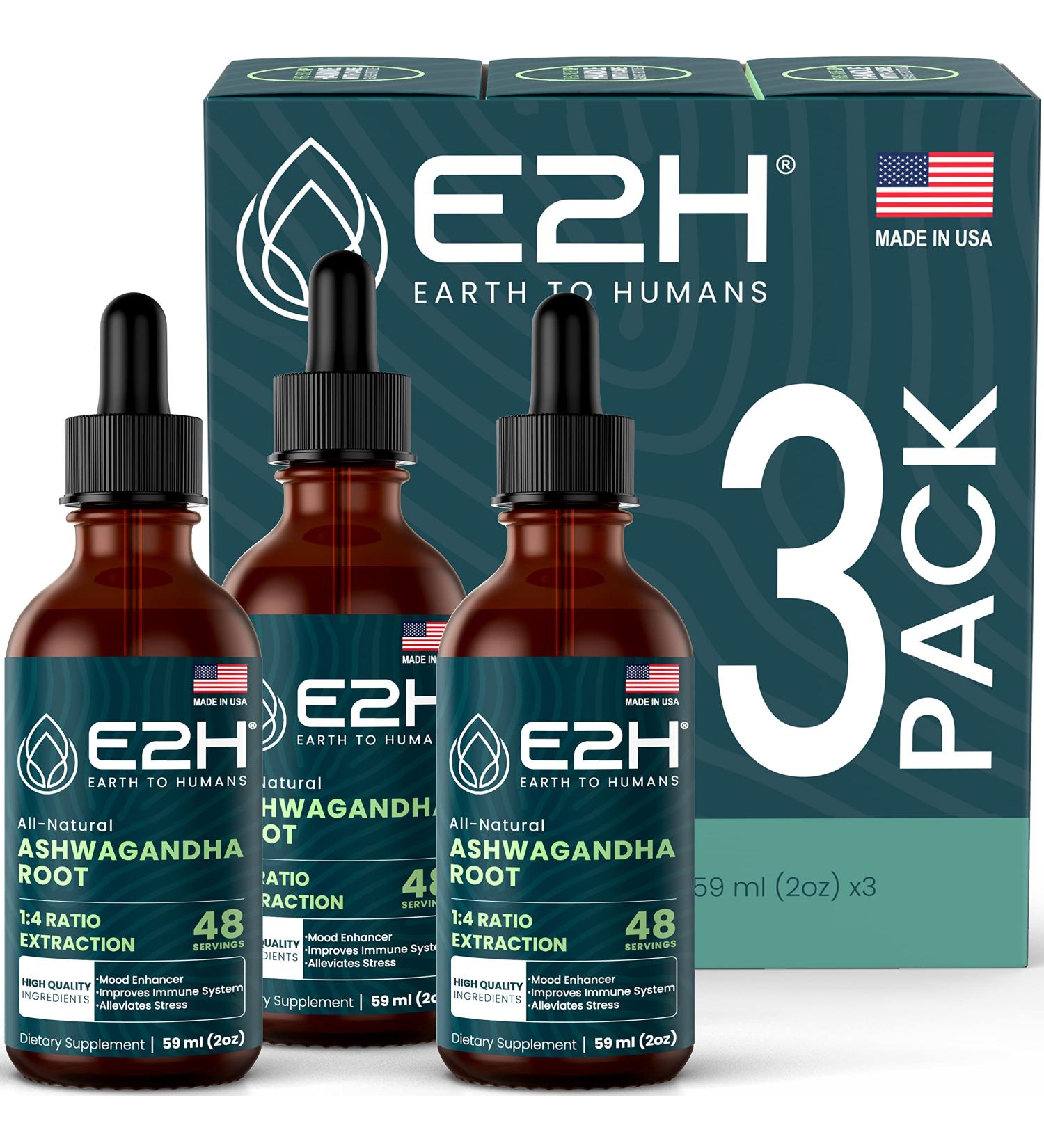 E2H Ashwagandha Liquid Drops - All-Natural Ashwagandha Supplement for Stress Relief and Mood Enhancer- Organic Ashwagandha Root Extract Effective Cortisol Manager | Non-GMO Vegan (3 Bottles) - Buy Online on GoSupps.com