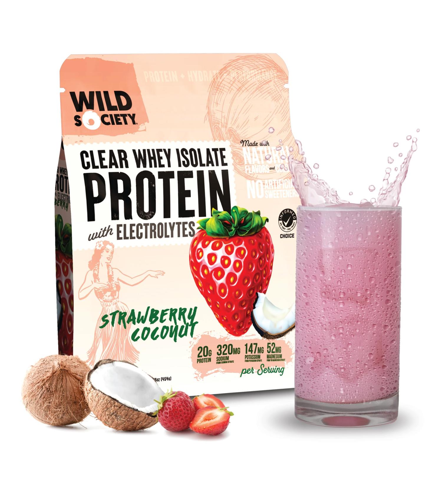 WILD SOCIETY Premium Clear Whey Protein Isolate - 20g Protein Electrolytes No Sugar Strawberry Coconut 16 oz - GMO-Free Natural Flavor - Buy Online on GoSupps.com