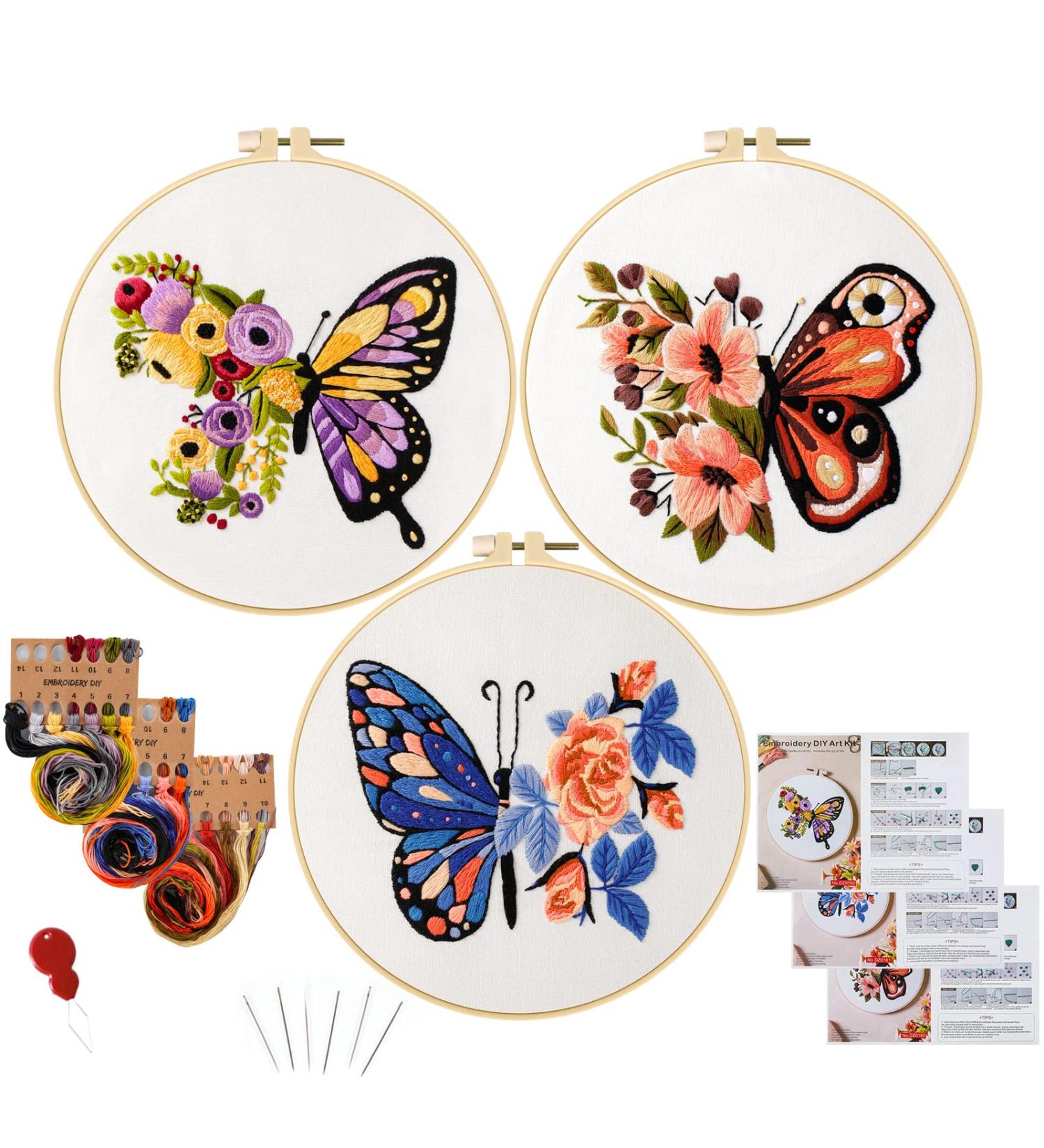 Anidaroel Butterfly Flower Embroidery Starter Kit - 3 Sets | Cross Stitch for Beginners | Includes Fabric, Hoop, Threads & Needles - Buy Online on GoSupps.com