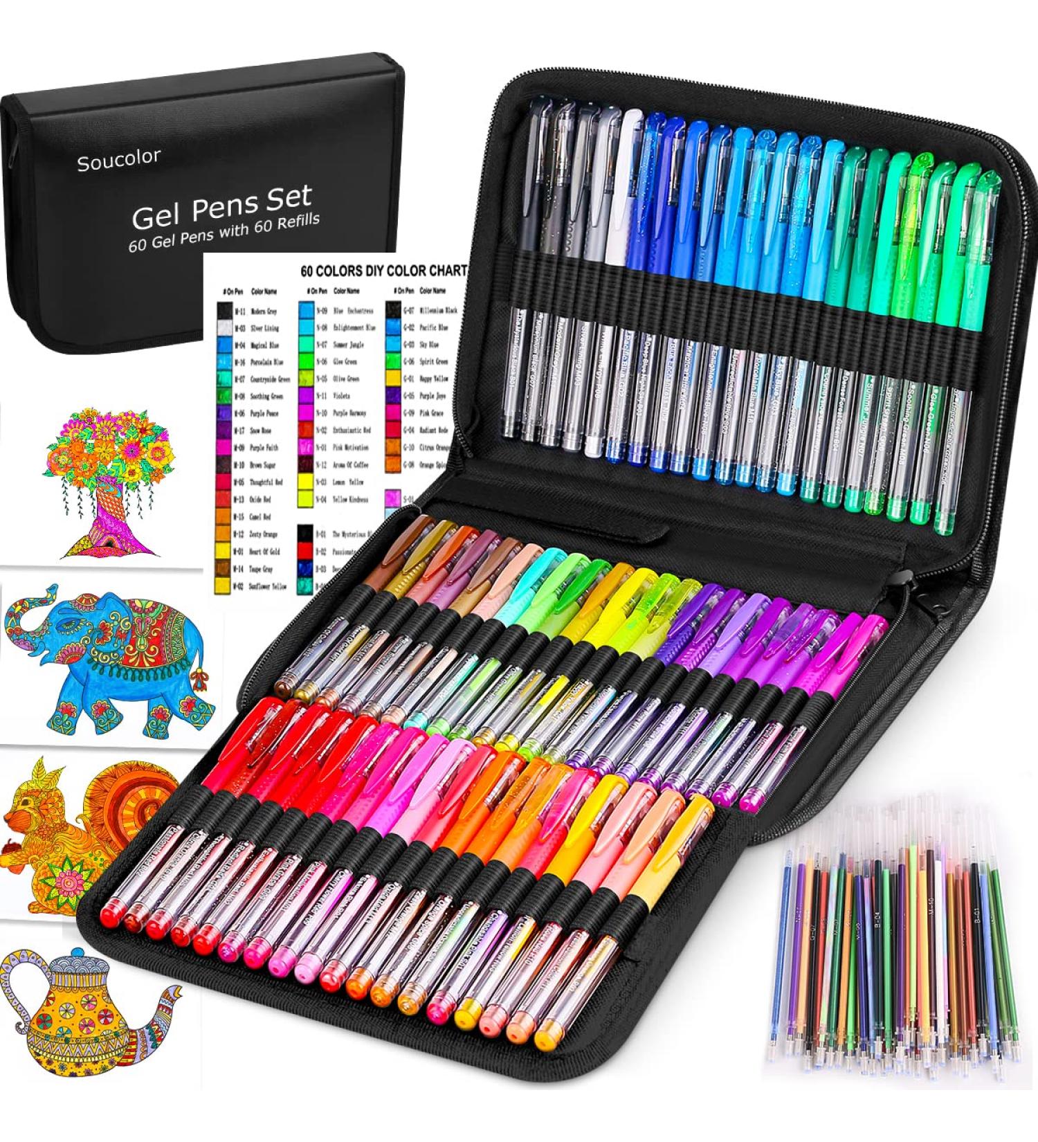 Soucolor Gel Pens for Adult Coloring Books - 120 Pack with 60 Colored Gel Pens, 60 Refills, Travel Case - High Quality Art Markers Set for Drawing, Journaling, Scrapbooking - Buy Online on GoSupps.com