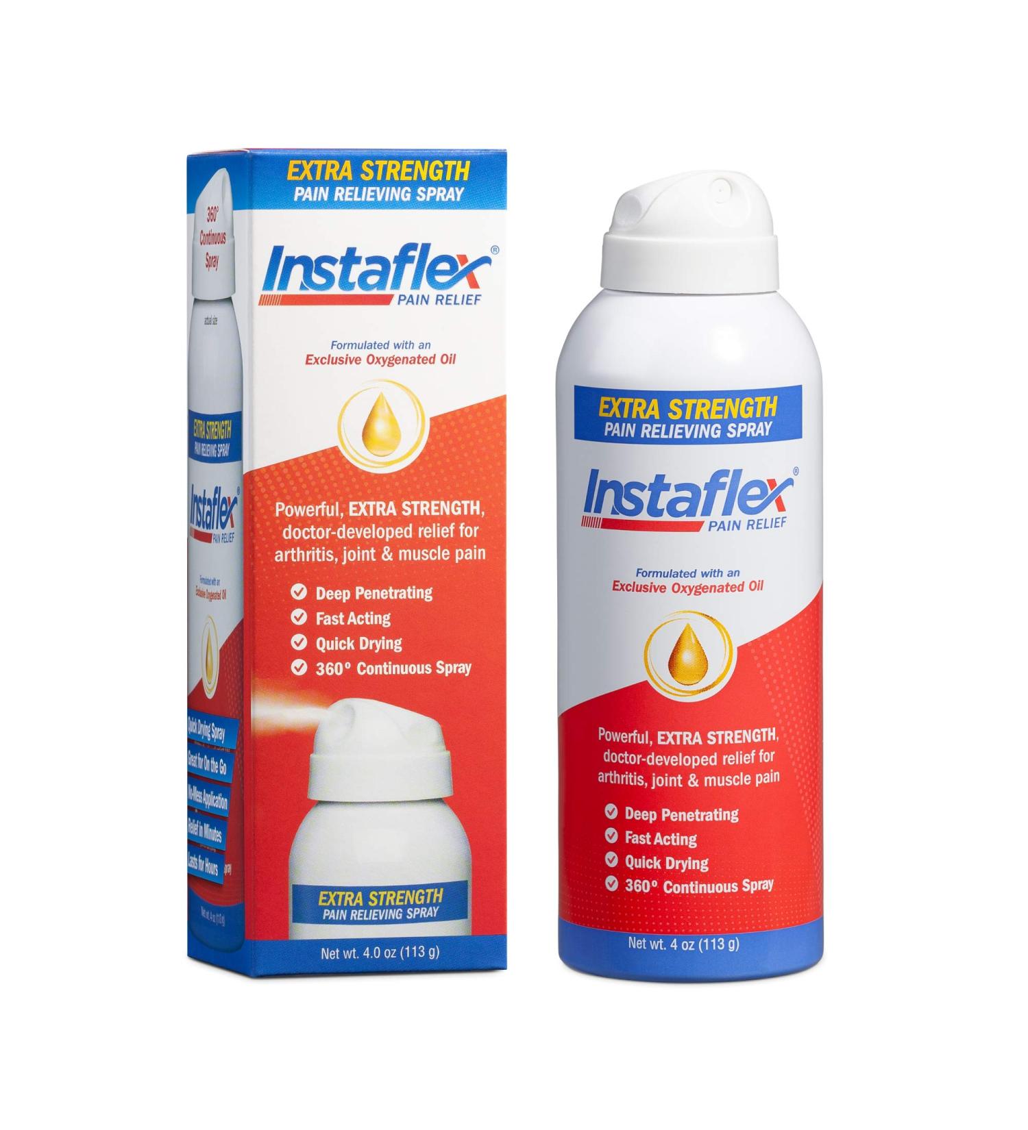 Instaflex Extra Strength Pain Relief Spray - 360? Continuous No Mess Spray | 2X Pain-Fighting Ingredients | Relieves Muscle & Joint Pain (4 oz) - Buy Online on GoSupps.com