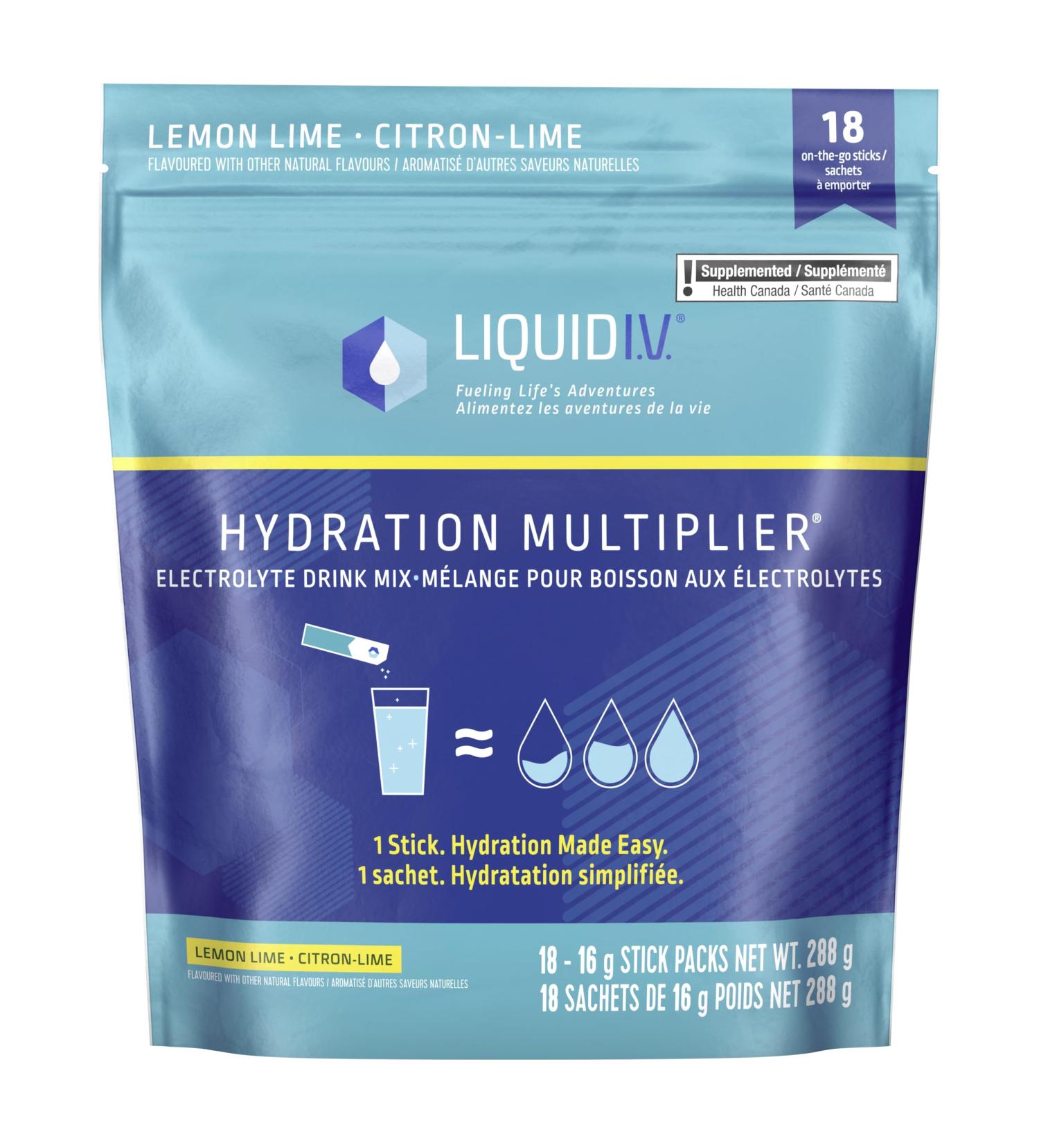 Liquid I.V. Electrolyte Drink Mix for accelerated hydration Lemon Lime Hydration Multiplier with Vitamins B3 B5 B6 B12 and C 288 g 18 on-the-go sticks Lemon Lime 18 Servings (Pack of 18) - Buy Online on GoSupps.com