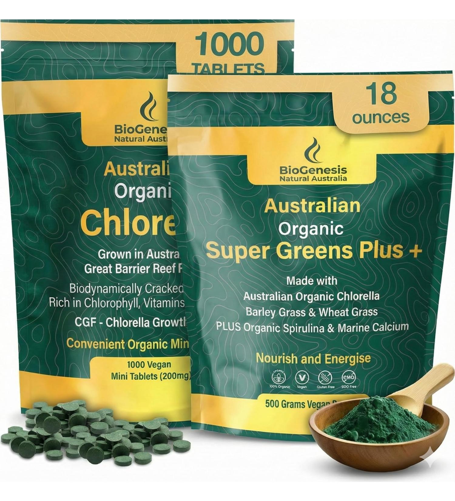 Biogenesis Ultimate Greens Stack | Organic Chlorella Tablets (1000 Count) & SuperGreens Powder (500g) | High Chlorophyll Australian Superfoods | Supports Natural Energy Immunity & Digestion | Vegan - Buy Online on GoSupps.com