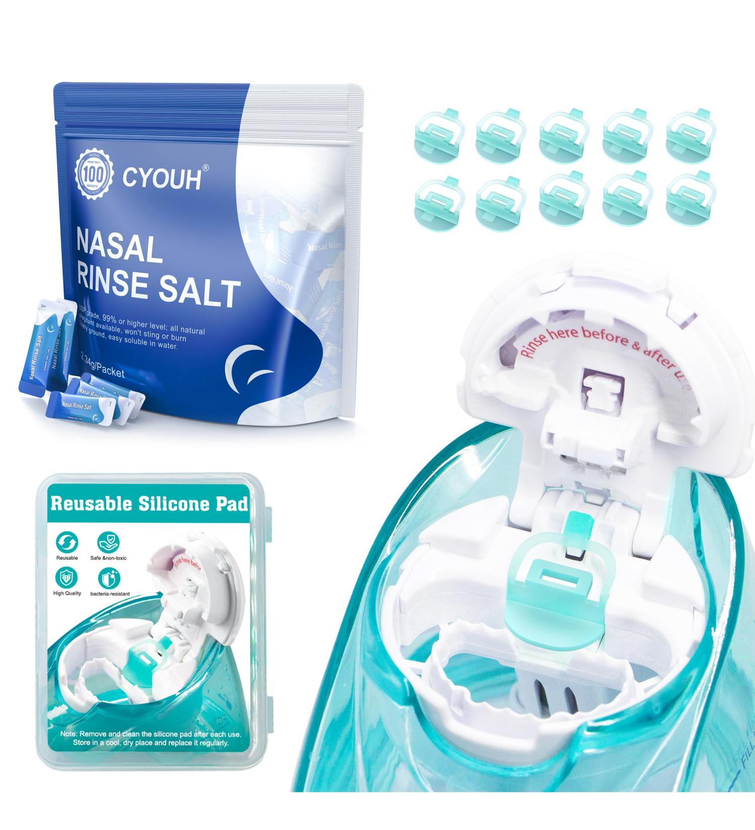 CYOUH 100pcs Salt Saline Packets + 10 PCS Silicone Pads Neti Pot Sinus Nasal Wash Rinse, 2.34g Salt Packets Refills Accessories for Substitute Saline Pods - Buy Online on GoSupps.com