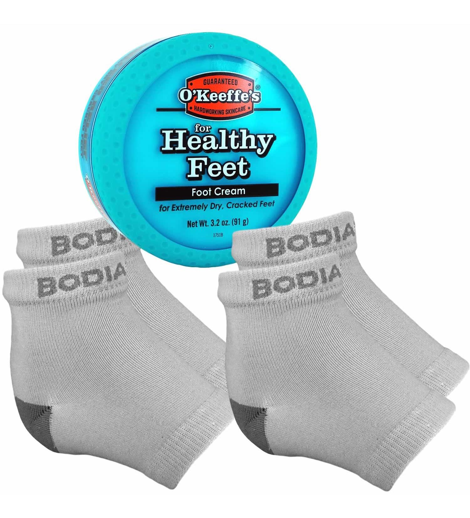 Cracked Heels Repair Bundle: 2 Pairs of Gray Moisturizing Silicone Gel Heel Socks with OKeeffes Healthy Feet Cream - Home Foot Skin Care - Buy Online on GoSupps.com
