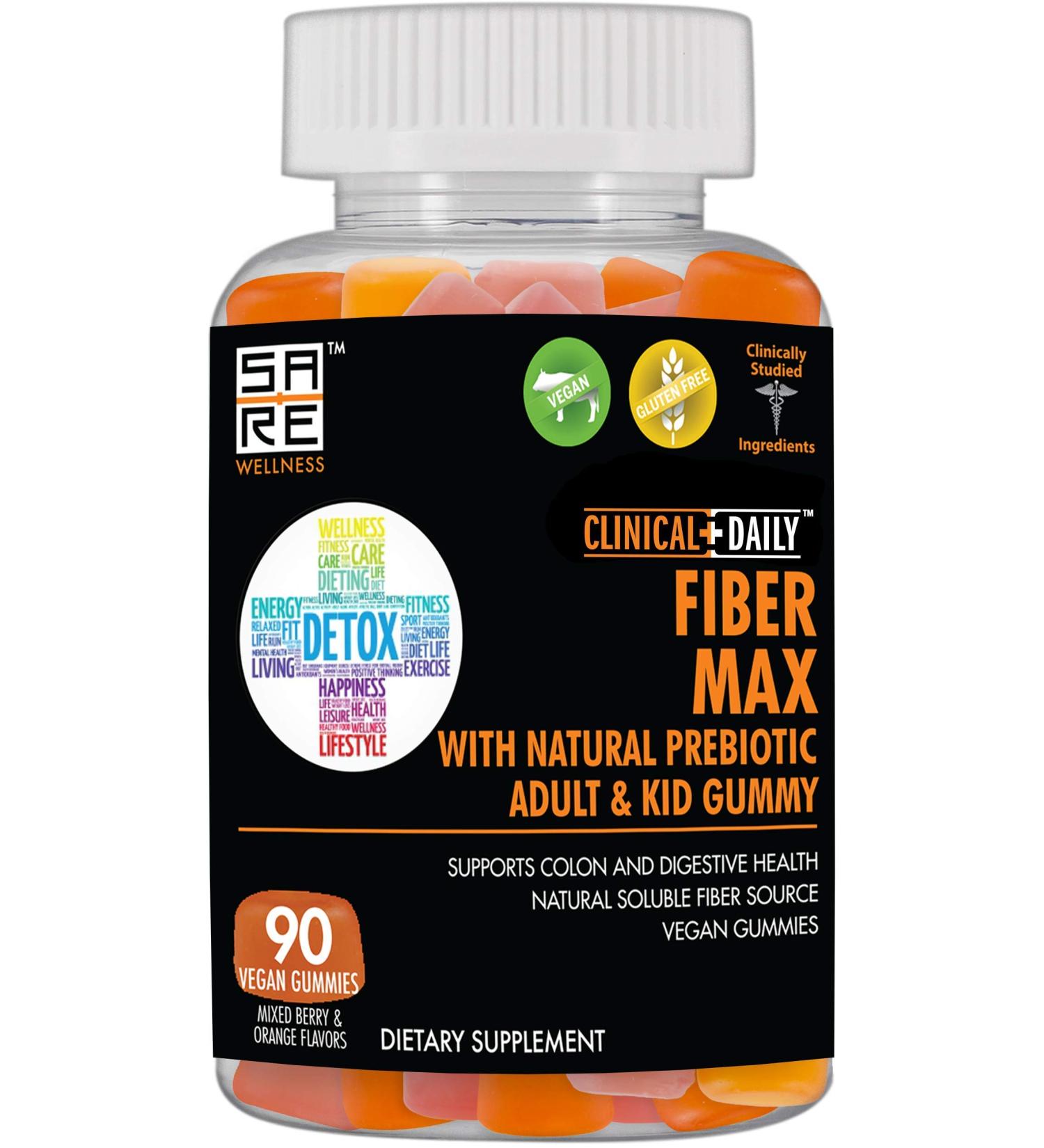 CLINICAL DAILY Fiber Max Vegan High Fiber Gummies - Constipation Relief for Adults & Kids | Prebiotic Inulin Supplement | 90 Gluten-Free Laxative Gummies - Buy Online on GoSupps.com