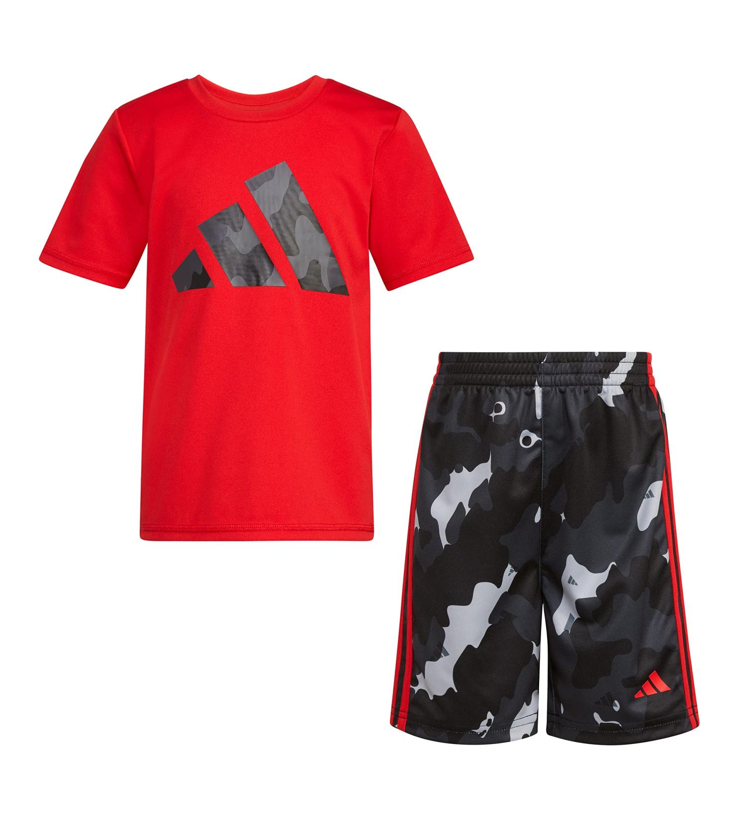 adidas Boys Short Sleeve Poly Tee & Camo Short Set 7 - Scarlet - Buy Online on GoSupps.com