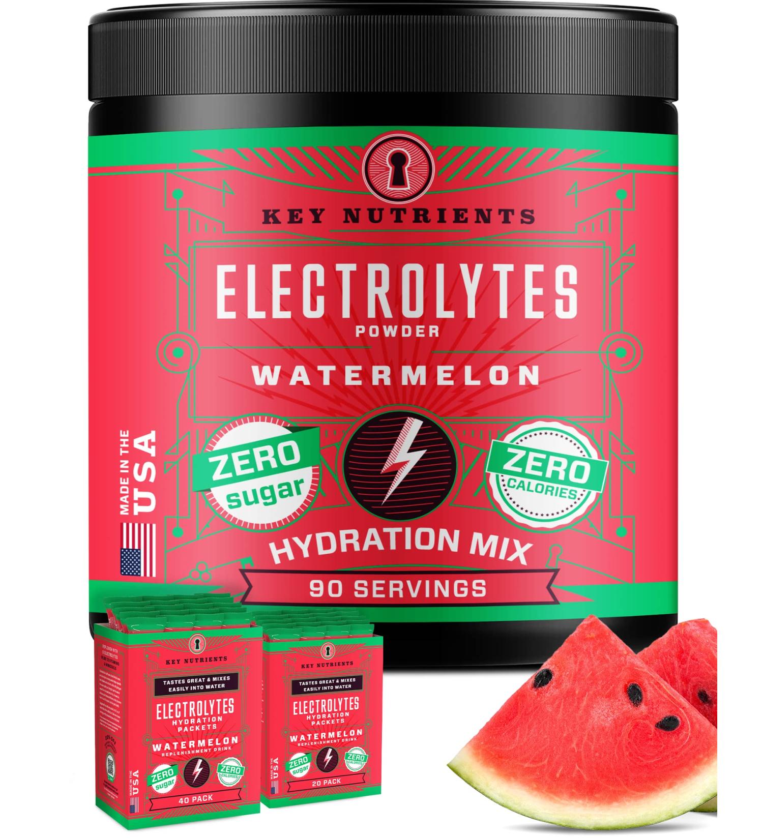 KEY NUTRIENTS Watermelon Electrolytes Powder - No Sugar, Hydration Mix - Gluten Free, No Calories - 20, 40, 90 Servings - Buy Online on GoSupps.com