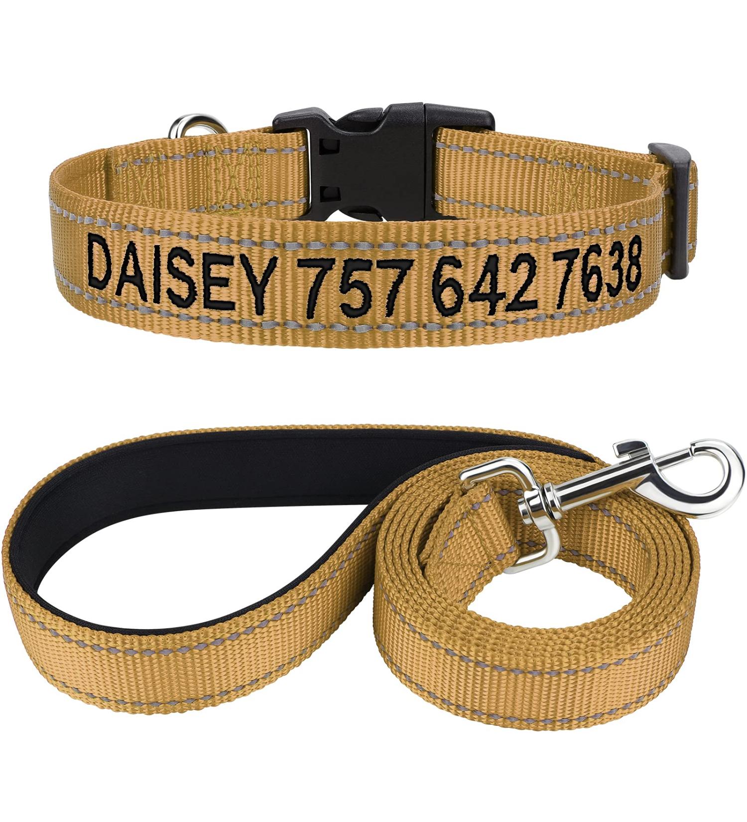 Personalized Reflective Dog Collar & Leash Set for Large Dogs - Tagme 1.5m Double-Sided Khaki | International Shipping Available - Buy Online on GoSupps.com