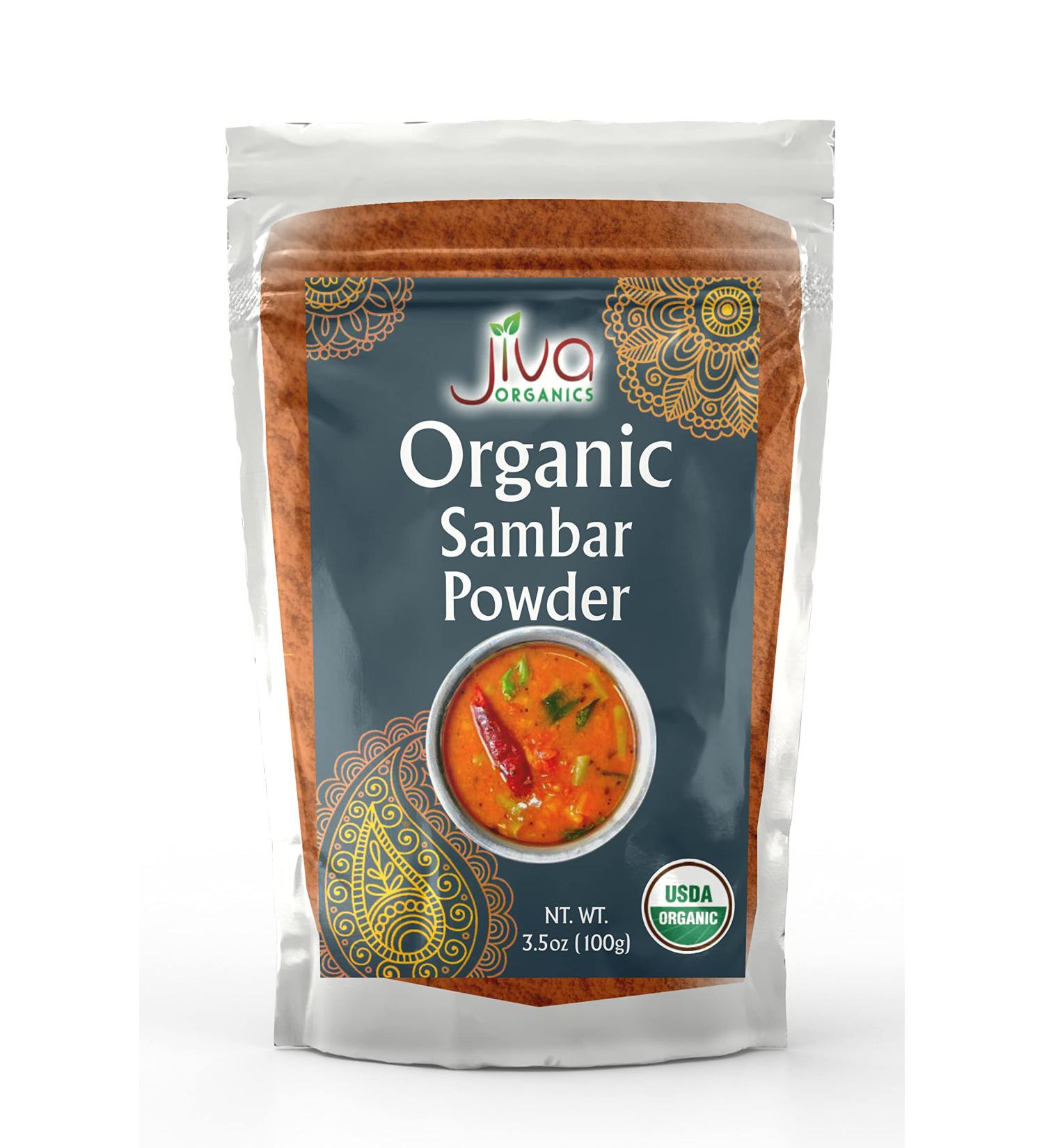 Jiva Organic Sambar Powder 3.5 Ounce Bag - South Indian Lentil Soup Spice Blend - Non-GMO, Suitable for Vegetarians