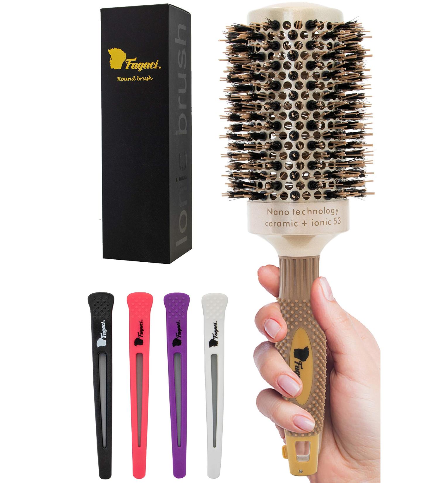Fagaci Professional 2 Inch Round Brush for Blow Drying with Boar Bristles - Nano Technology Ceramic Ionic Hair Styling Brush for Healthy, Voluminous Hair + 4 Styling Clips - Buy Online on GoSupps.com