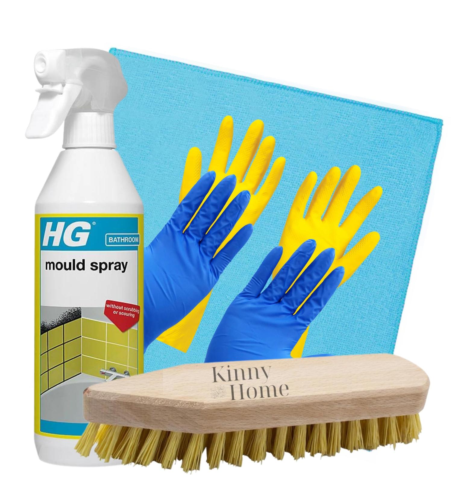 KinnyHome Bathroom Cleaning Kit with HG Mould Spray 500ml - Mould and Mildew Remover Bundle Includes Scrubbing Brush Microfiber Cloth Gloves - Buy Online on GoSupps.com