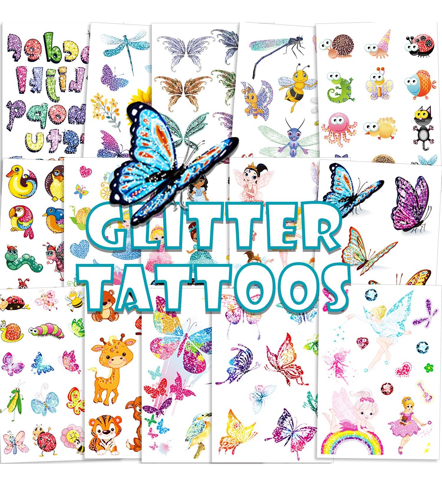 Konsait 180pcs Glitter Tattoos for Kids - Fairy, Princess, Butterfly & Animal Designs | Temporary Tattoo Stickers for Girls Birthday Party Favors - Buy Online on GoSupps.com