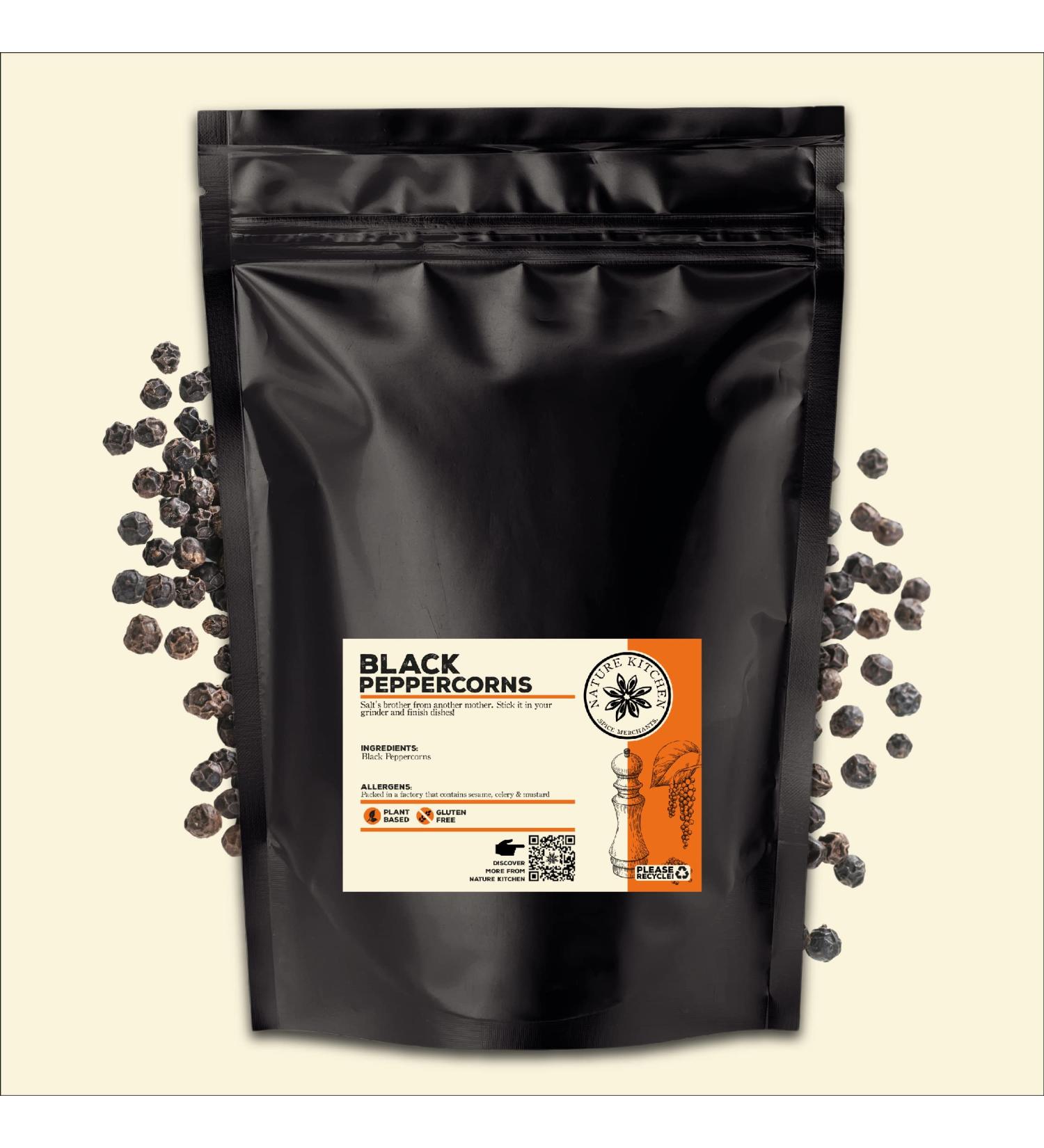 Nature Kitchen Black Whole Pepper Corns 500g - Gluten-Free & Vegan Seasoning Spices for Everyday Cooking, Marinades, Sauces, Frying, Baking, Grilling - Buy Online on GoSupps.com