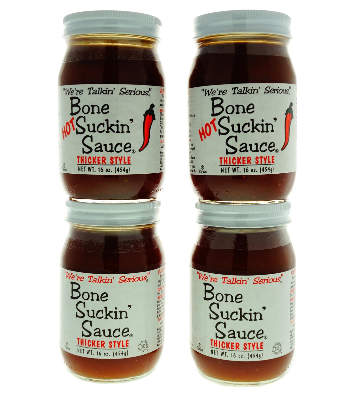 Bone Suckin' Suckin' 4-pack of sauces: 2 x hot/sharp style (454g per glass) + 2 x classic/non-sharp style (454g per glass)