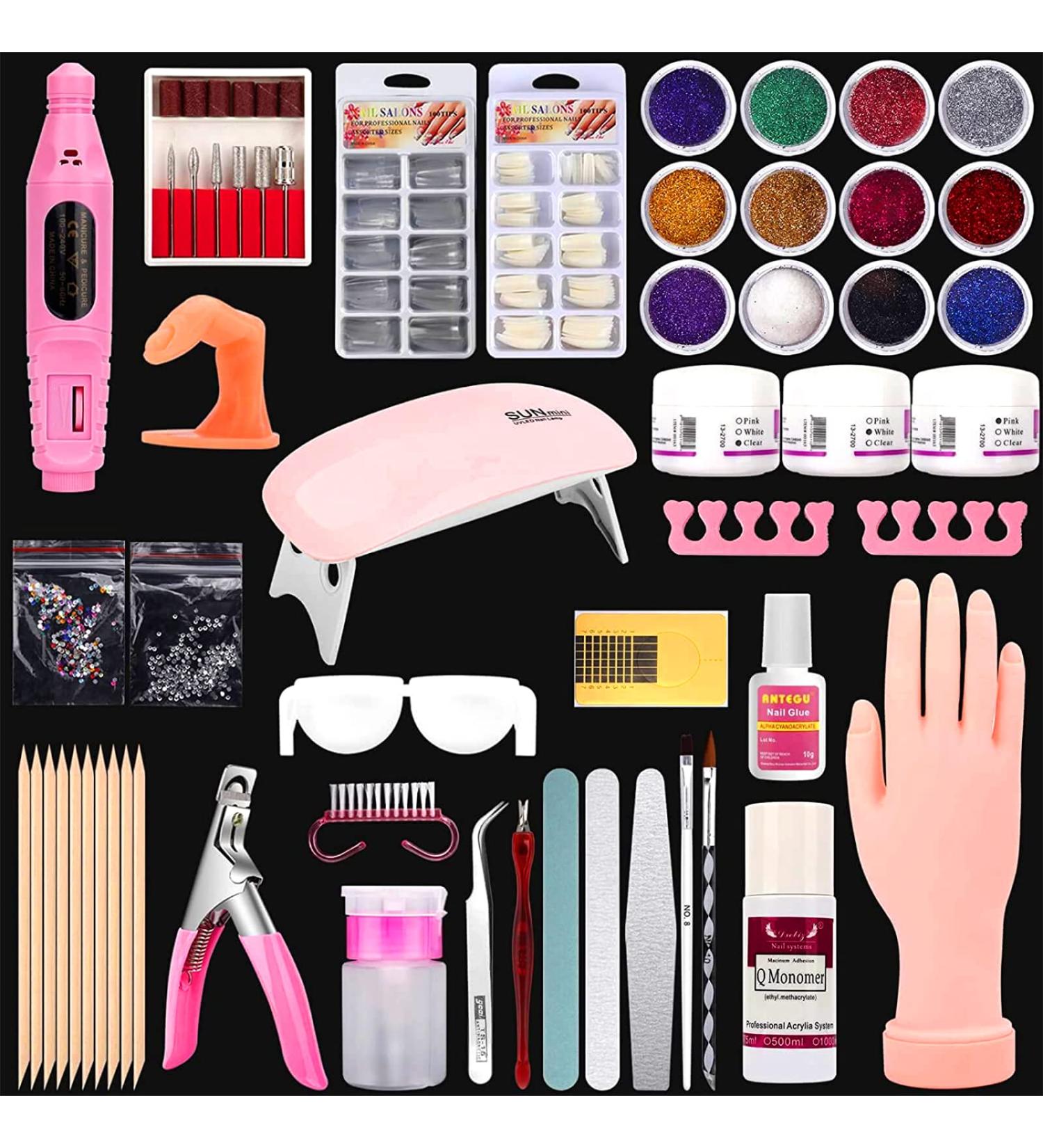 Flexible Nail Practice Hand Kit with Nail Drill, Dryer Lamp & Acrylic Powder - Beginner's Fake Nail Training Set - Buy Online on GoSupps.com