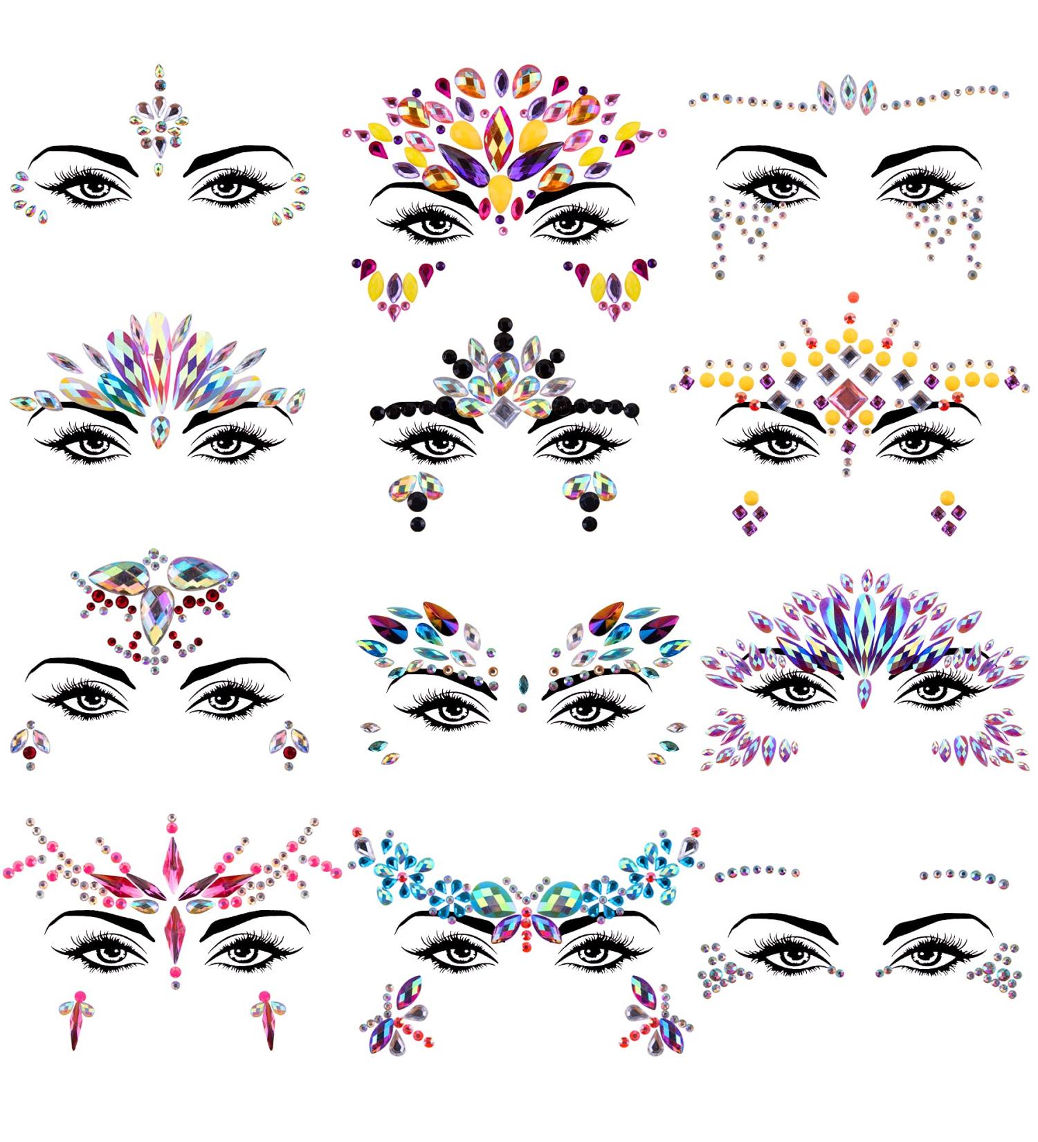 SIQUK 12 Sets Mermaid Face Jewels - Festival and Rave Crystal Gems for Eye and Body, Party Face Jewel Stickers - Buy Online on GoSupps.com