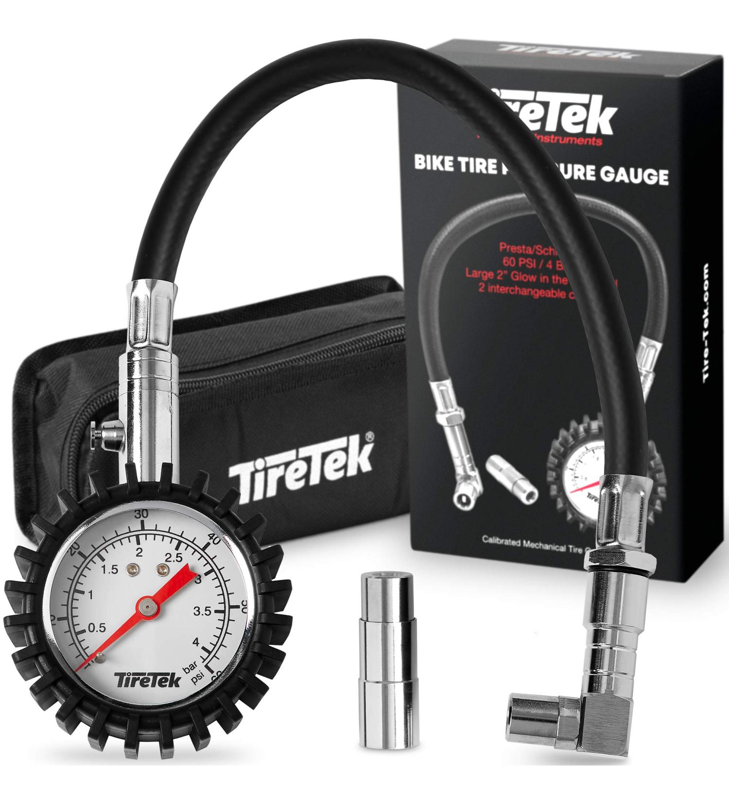 TireTek Mountain Bike Presta Tire Pressure Gauge - 60 PSI with Glow Dial, Interchangeable Valve, Storage Pouch - Buy Online on GoSupps.com