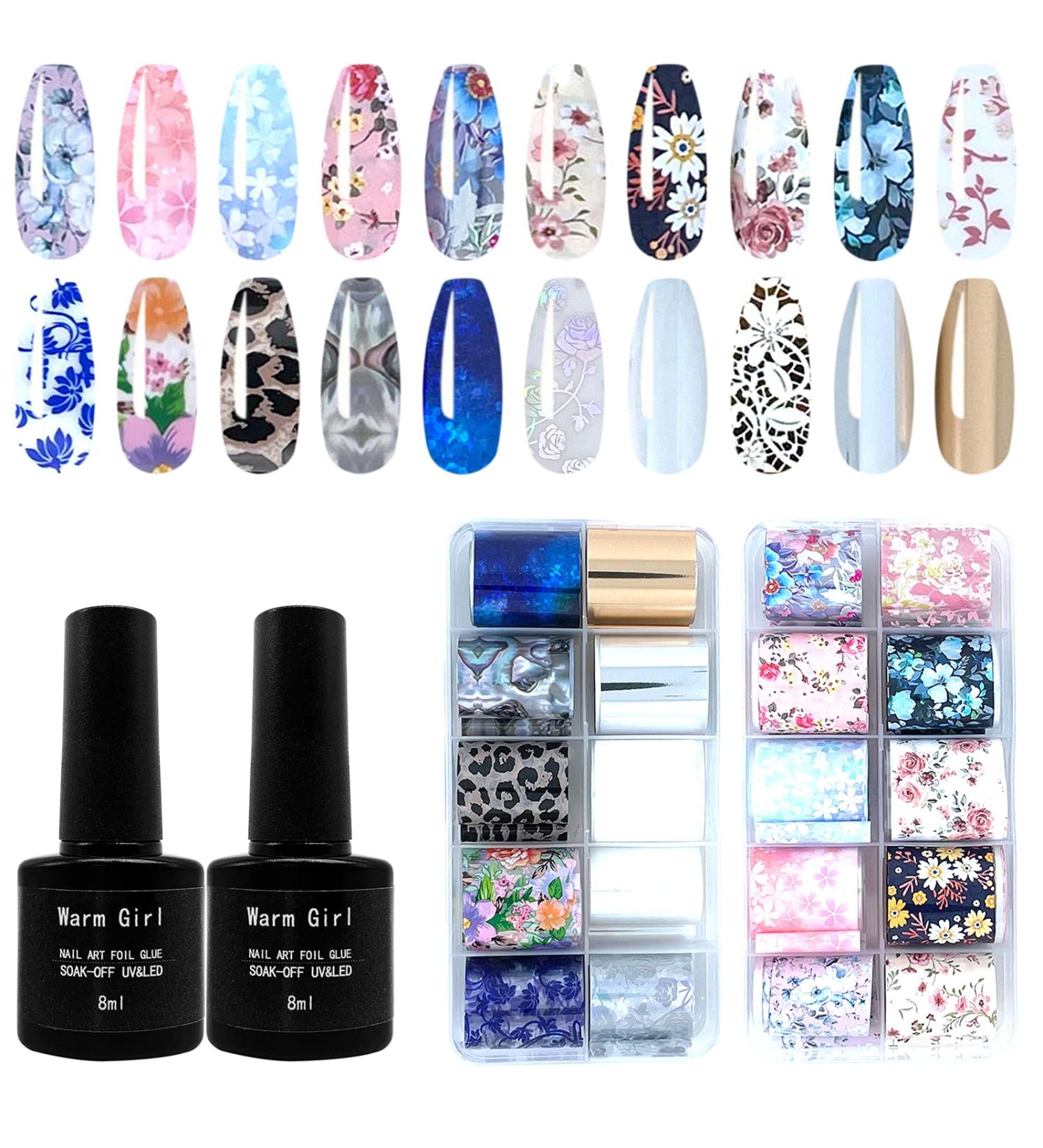 Warm Girl Nail Foil Art Set | 2Pcs Foil Glue Gel + 20 Rolls Transfer Stickers | DIY Nail Art Decoration Kit - Buy Online on GoSupps.com