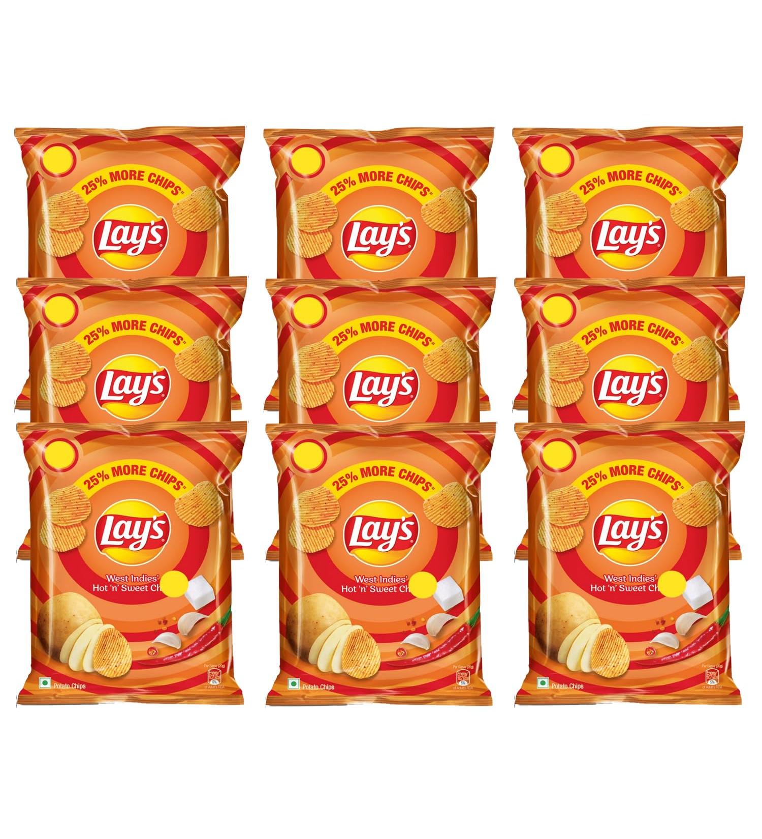 Lays Potato Chips (West Indies Hot and Sweet Chilli) Flavor (50 Gram) - Slow-Cooked Potato Crunchy Chips & Snacks (Pack of 9) - Buy Online on GoSupps.com