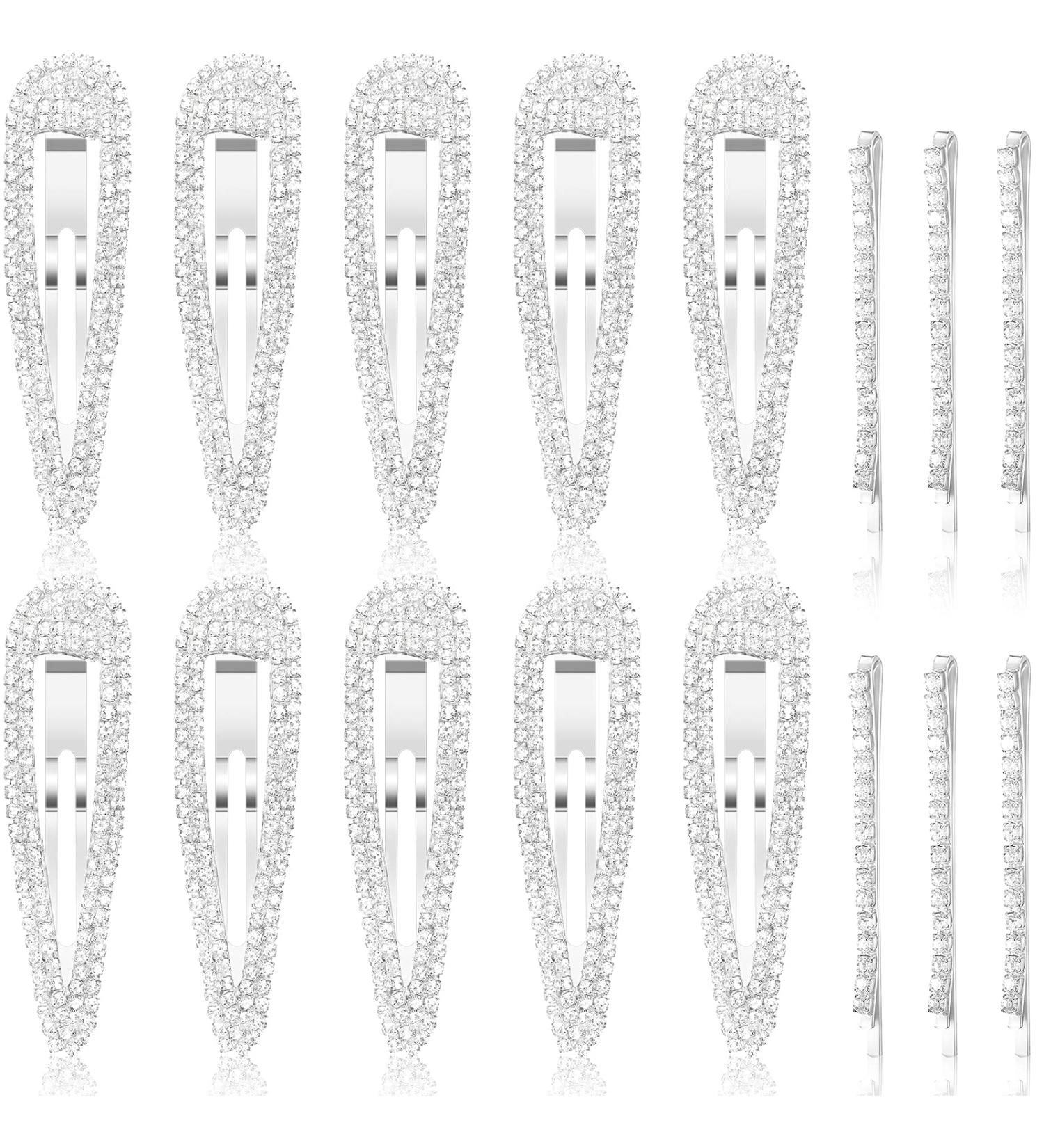Crystal Rhinestone Snap Hair Clips - 16 Pieces Silver Hair Barrettes for Women & Girls - Bridal Wedding Hairpins - Buy Online on GoSupps.com