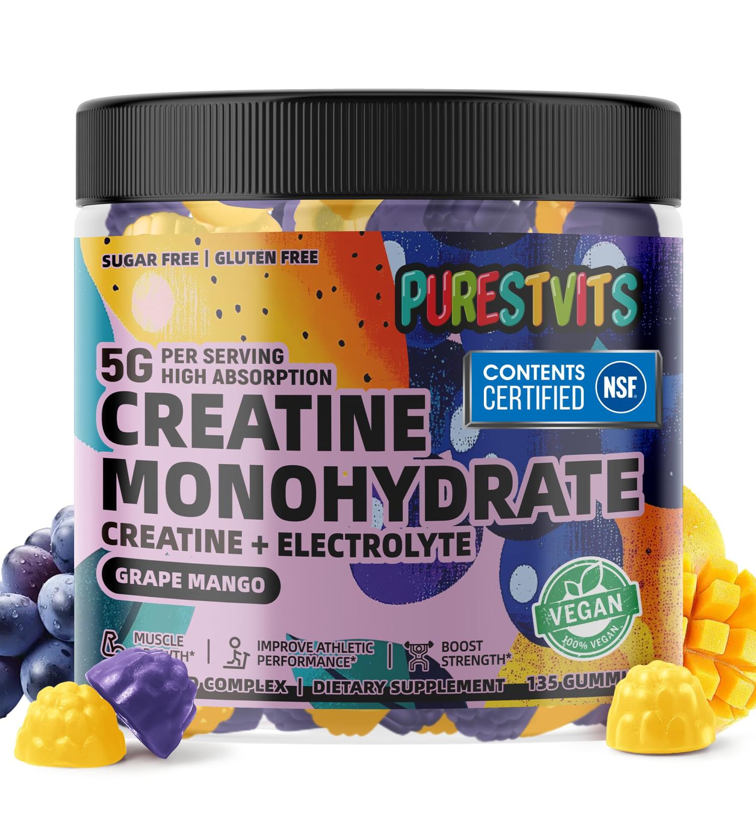 Creatine Monohydrate Gummies (5g) Pre-Workout Energy & Muscle Growth Support for Men & Women | Grape Mango Electrolyte Gummies (135 Count) Grape & Mango - Buy Online on GoSupps.com