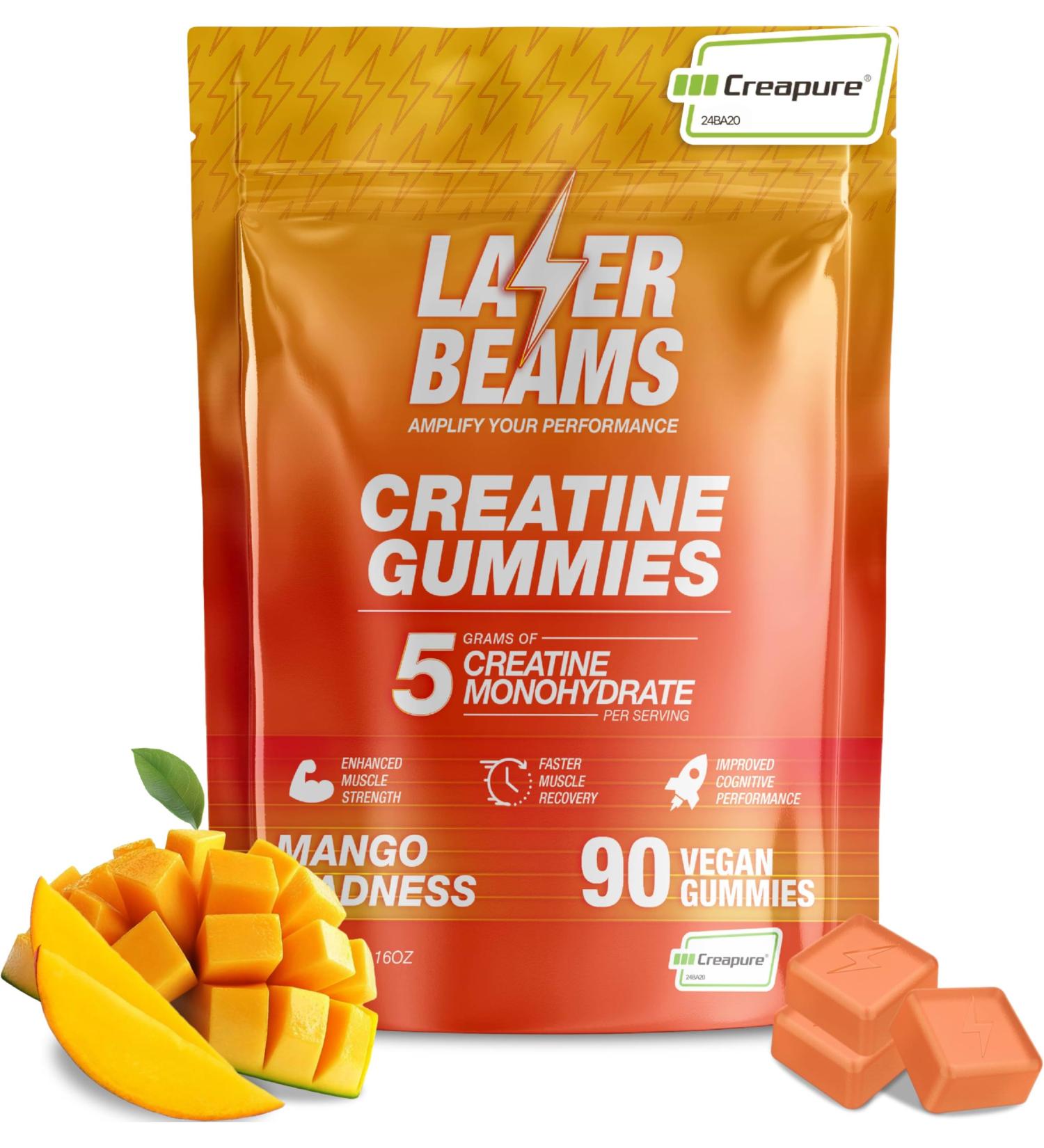 Laser Beams Creatine Monohydrate Gummies for Women & Men - 5g Creapure Creatine per Serving - Vegan, Mango Flavor - Boost Muscle Strength, Endurance, Recovery & Mental Focus (90 Gummies) - Buy Online on GoSupps.com
