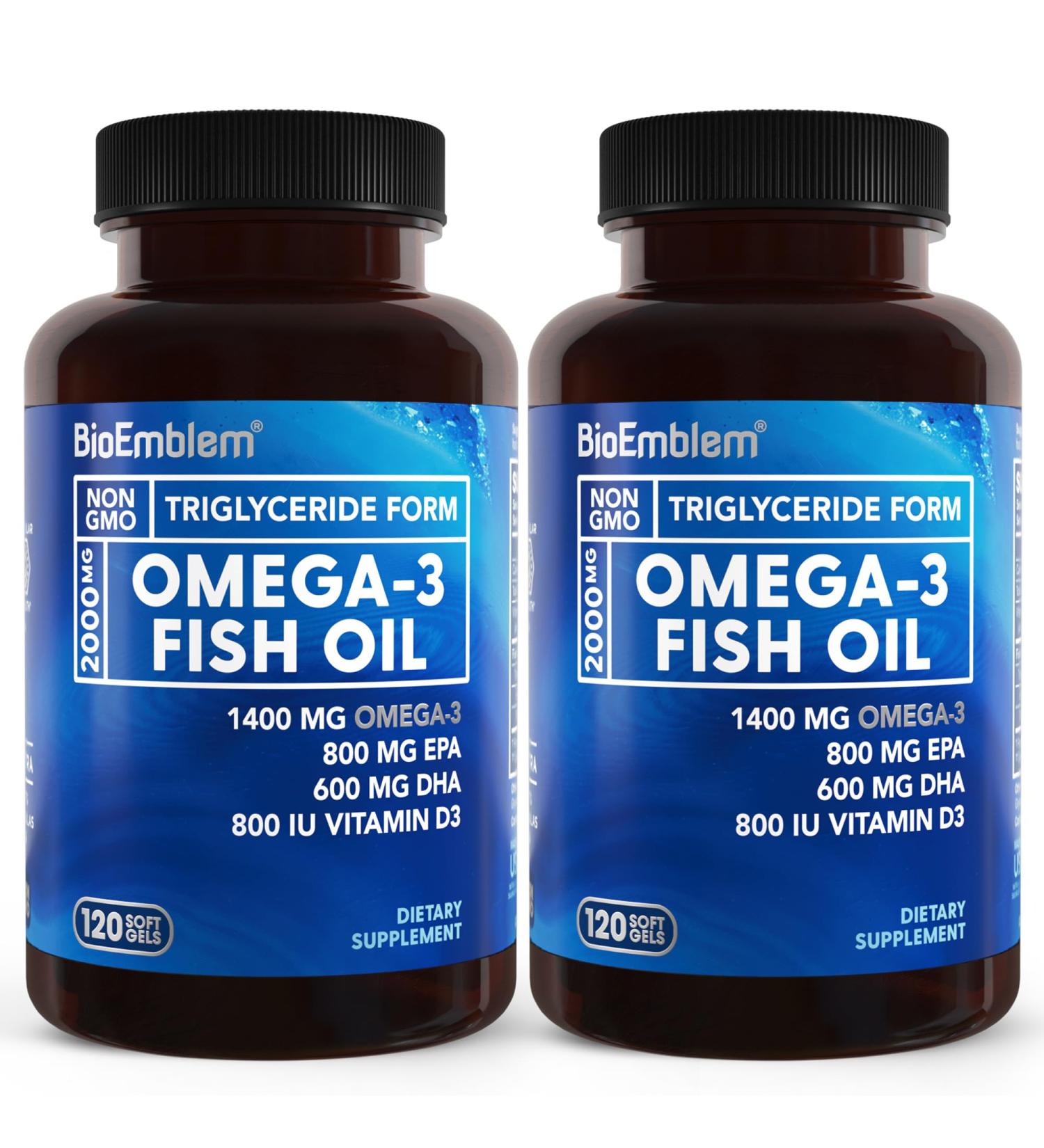 BioEmblem Omega-3 Fish Oil 2000mg - Small Size Softgels High Absorption Form Sustainable - 1400mg EPA &DHA Plus Vitamin D3 Non-GMO Heart Joint & Brain Health Fish Oil Supplement 240 Ct 240 Count (Pack of 1) - Buy Online on GoSupps.com