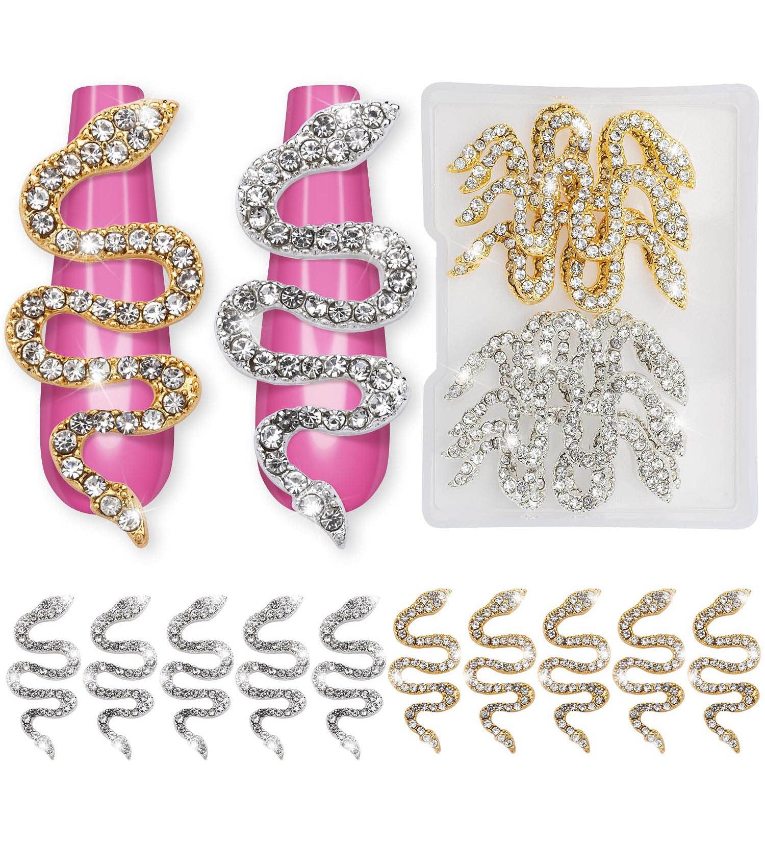 10PCS Snake-Shape Nail Art Charms with Rhinestones - Gold & Silver Nail Studs for DIY Crafts - Buy Online on GoSupps.com