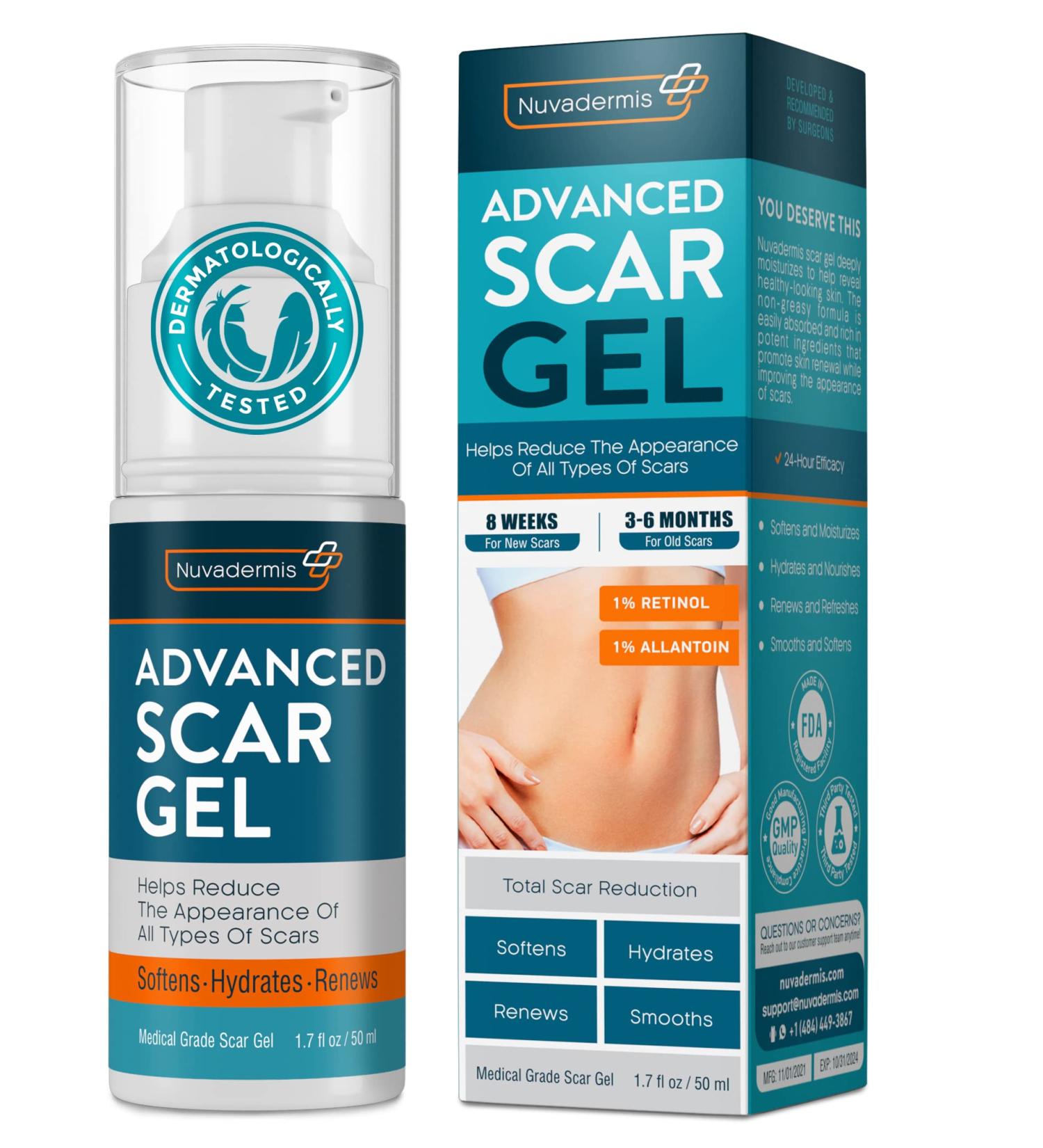 Scar Cream Gel with Retinol, Allantoin, Vitamin E, Betaine - Post Surgery Treatment for C-Section, Tummy Tuck, Keloid, Acne Removal - 1.7 oz - Buy Online on GoSupps.com