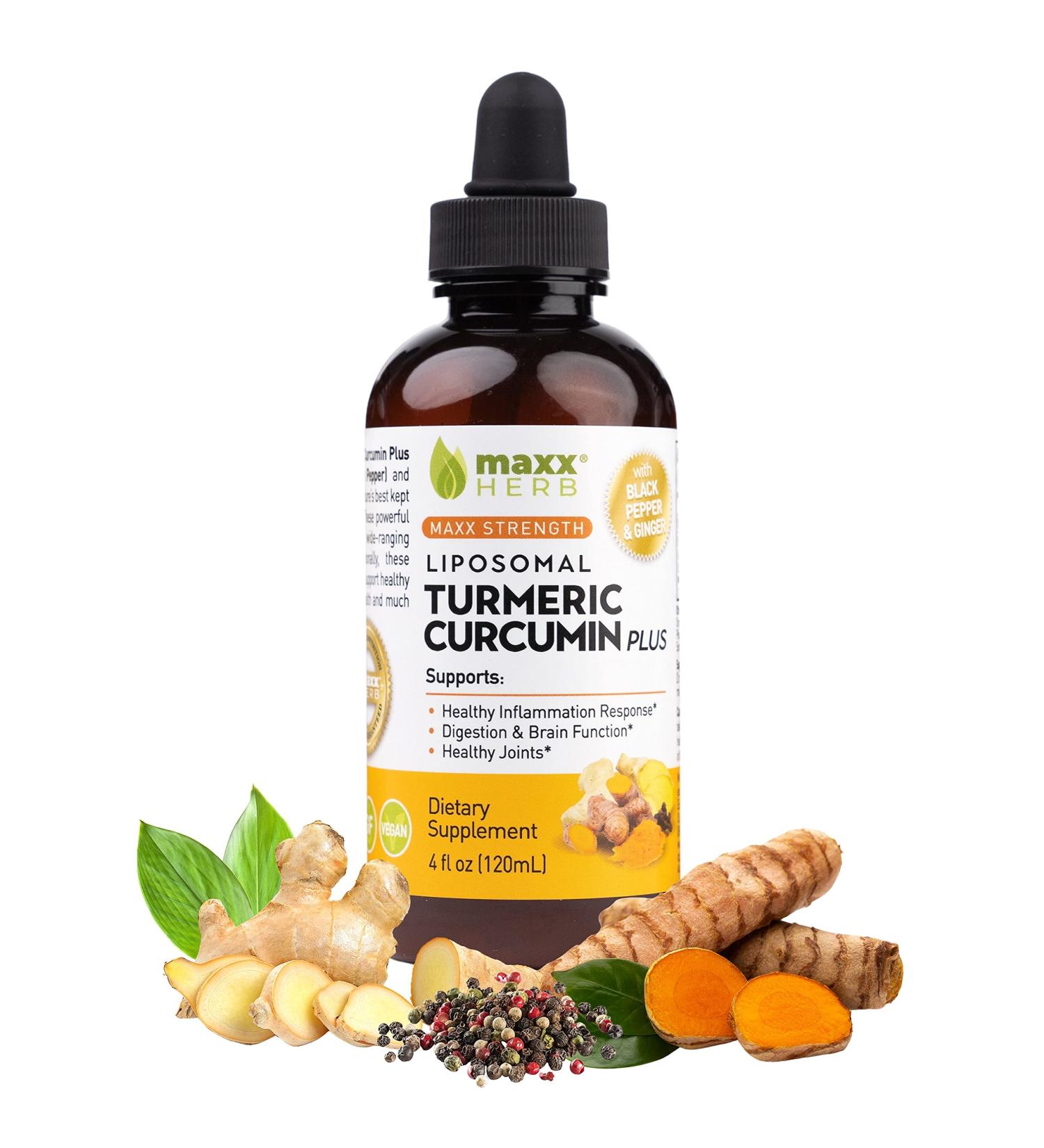 Maxx Herb Liquid Turmeric Curcumin - 4 Oz Bottle (60 Servings) - Joint Health & Digestion Support with Black Pepper BioPerine & Ginger - Max Strength Liposomal Turmeric Supplement - Buy Online on GoSupps.com