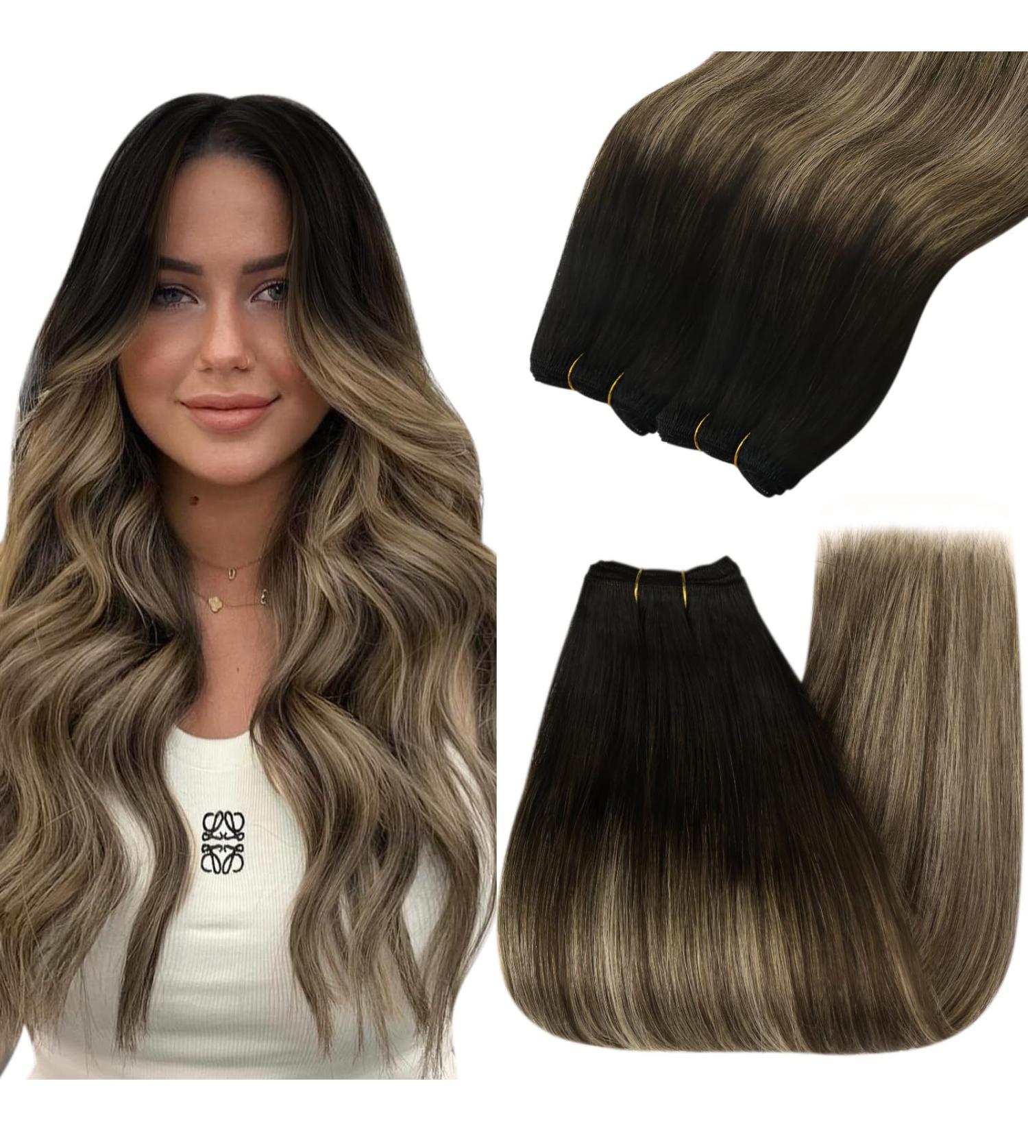 Youngsee Tressen 40cm Real Hair Balayage Weaving Extensions - Ombre Black Brown Blond 100g #1b/4/27 - Buy Online on GoSupps.com