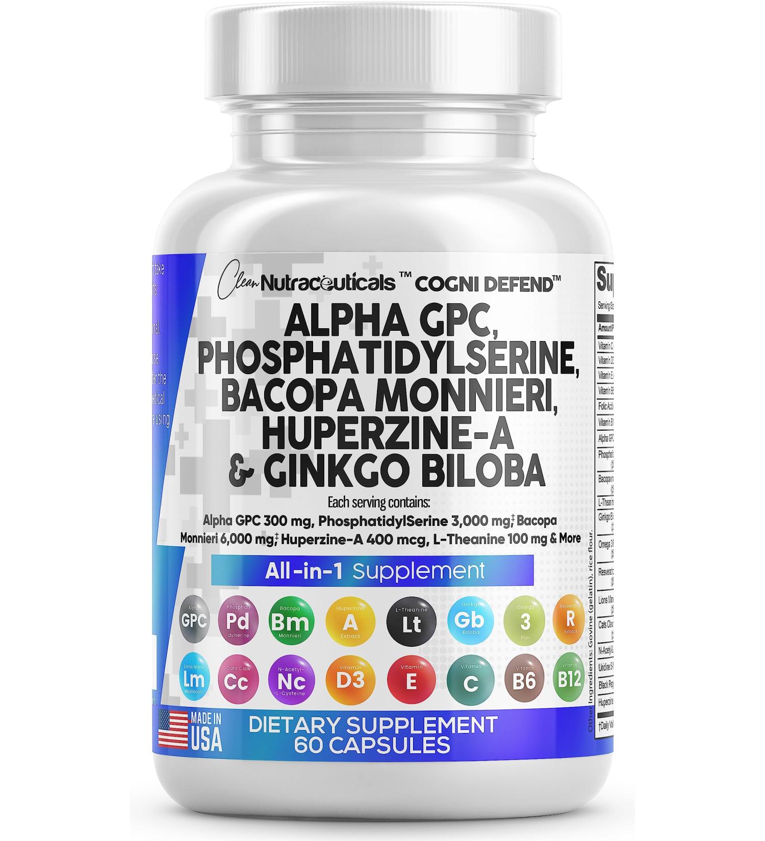 Brain Boost Supplement - Alpha GPC Choline 300mg, Phosphatidylserine 3000mg, Bacopa Monnieri 6000mg, Ginkgo Biloba 2000mg, Huperzine A 400mcg with L-Theanine, Uridine, Lions Mane, Cats Claw, NAC, Vitamin C, B, D, E - Made in USA - Buy Online on GoSupps.com