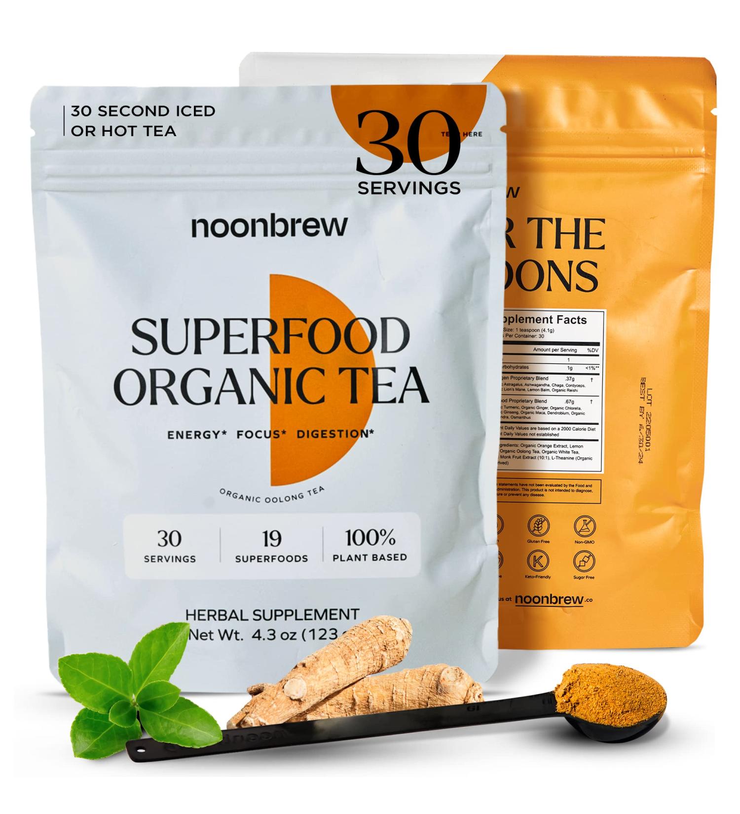 NoonBrew Superfood Tea: Focus, Energy, Immunity & Digestion Support - Vegan, Keto Friendly, Gluten Free - 30 Servings - Buy Online on GoSupps.com