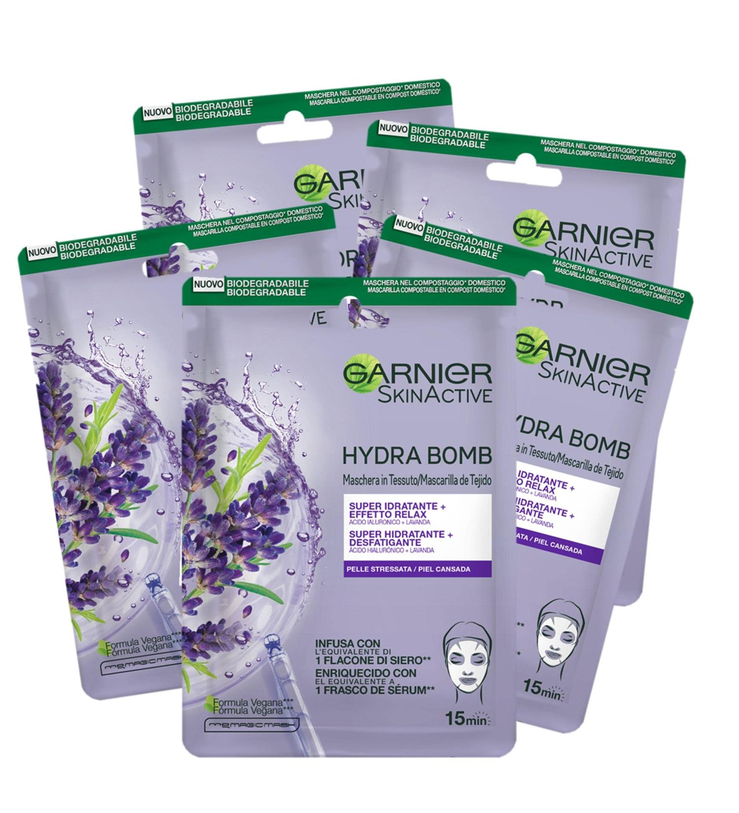 Garnier Skin Active Hydra Bomb fabric mask very moisturizing and relaxing with hyaluronic acid and lavender for stressed skin 5 pieces 5 pieces (1 -pack) moisturizing and relaxing