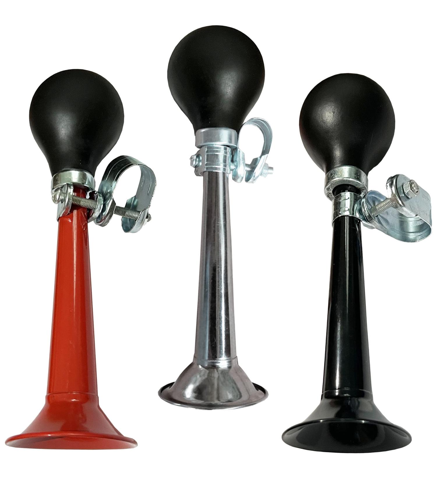 3 Pack Bike Bugle Horn Metal Air Horn Retro Metal Squeeze Bulb Clown Horn Fits Kids Bicycle Handle Bar and Golf Cart, Silver, Black , Red sliver, black and red