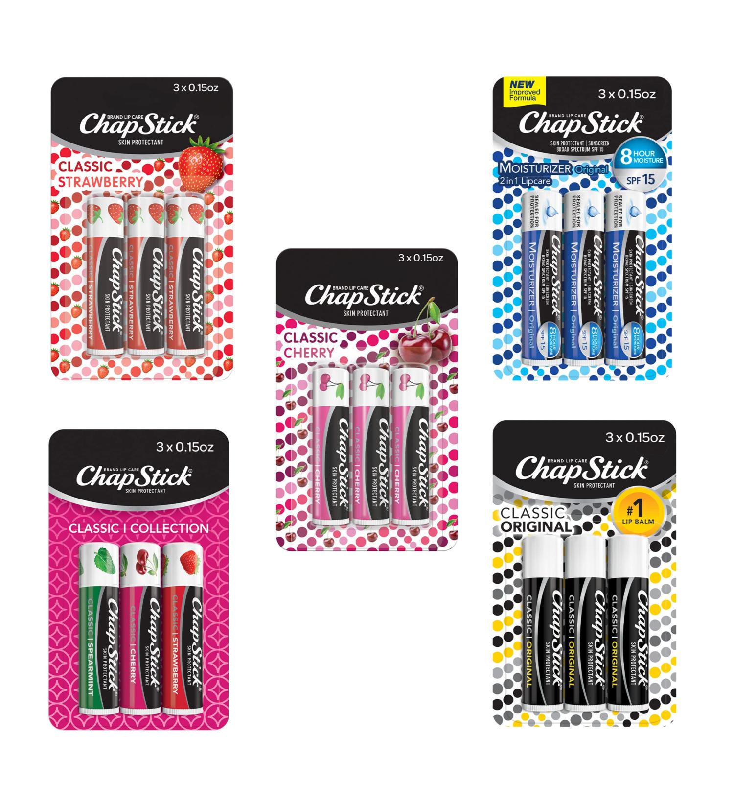 ChapStick Classic Collection Flavored Lip Balm Variety Pack - 5 Boxes, 3 Tubes Each - Lip Moisturizer 0.15 Oz - Buy Online on GoSupps.com