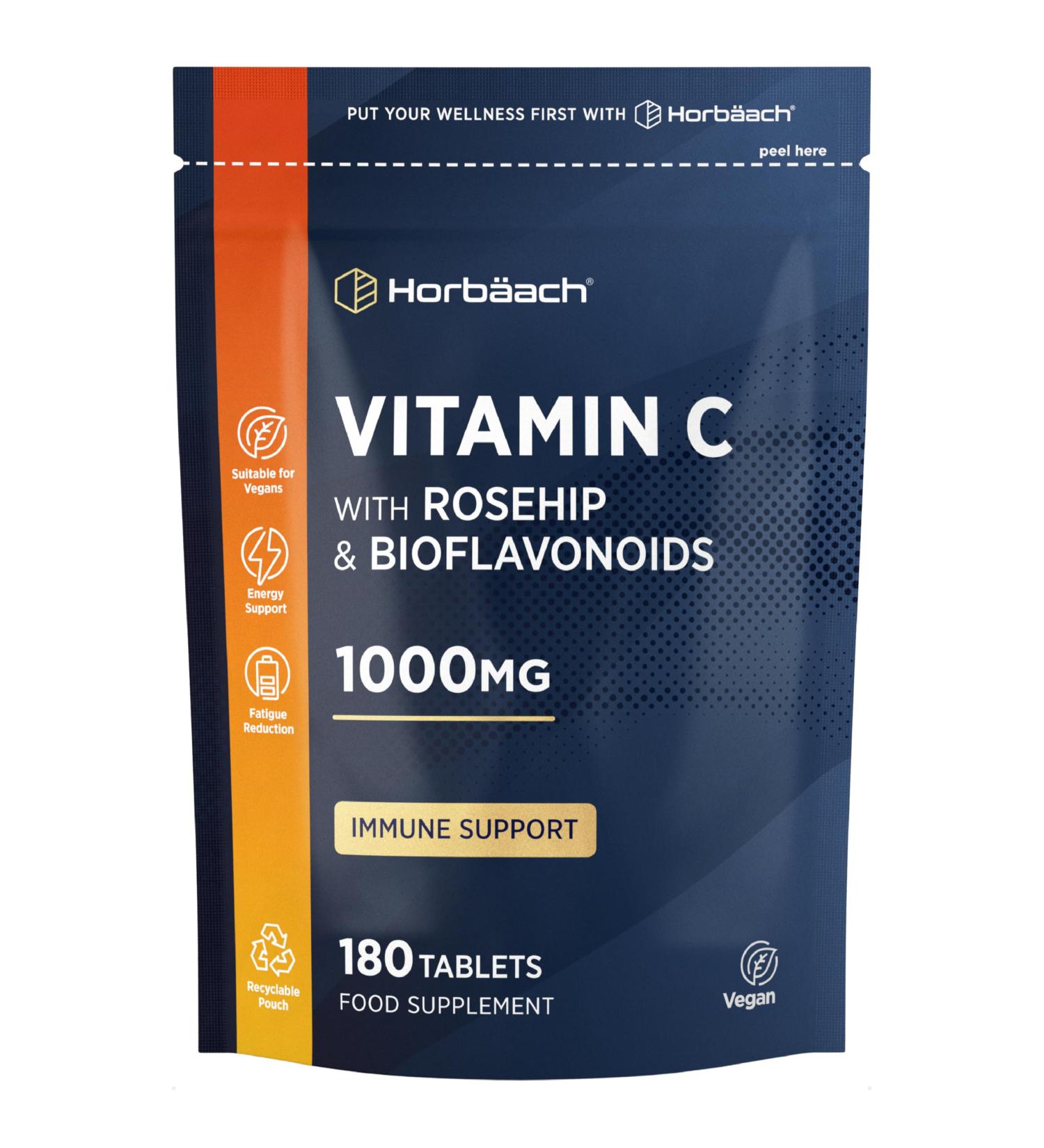 Vitamin C Complex with Rosehip and Bioflavnoids 1000mg | 180 Tablets | High Strength Supplement | Vegan and Vegetarian Friendly | by Horbaach - Buy Online on GoSupps.com
