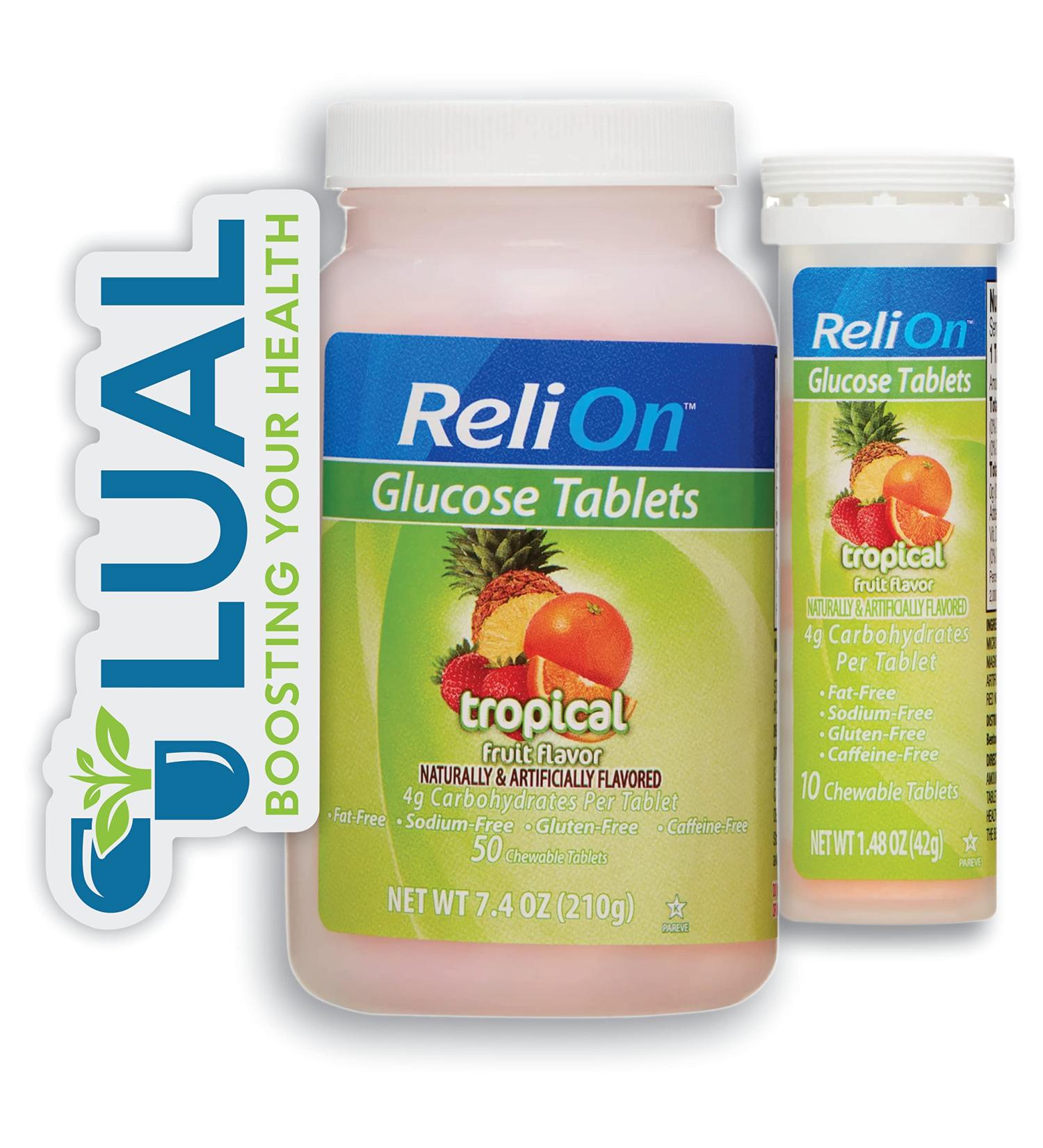 ReliOn Tropical Fruit Glucose Tablets Bundle - 50 Count Bottle and 10 Count Travel Tube + Luall Sticker - Energy Boost for Diabetes Care - Buy Online on GoSupps.com