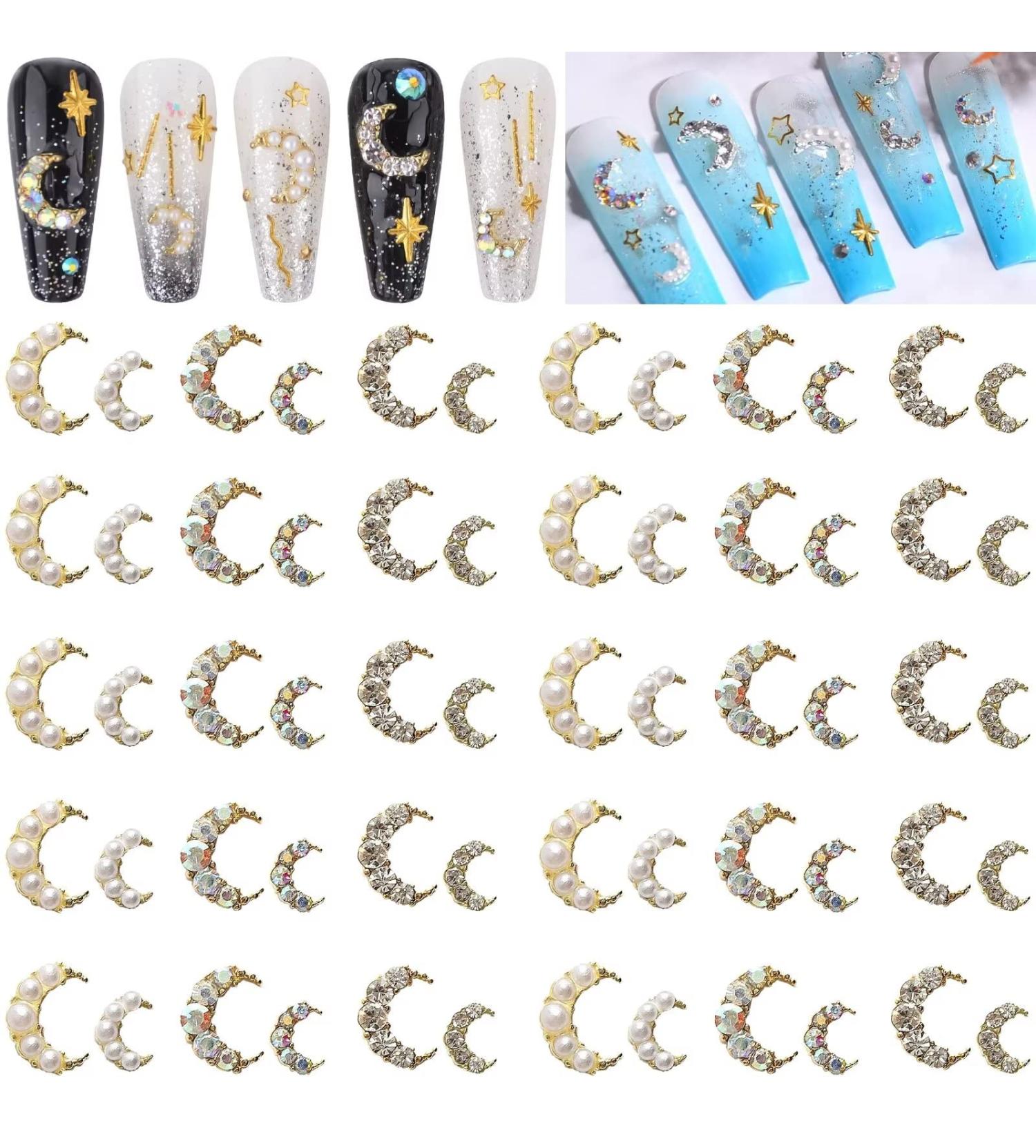 RUNRAYAY 60Pcs 3D Moon Nail Art Charms Colorful & Pearl & Crystal Elegant Nail Studs Diamonds for Nail Accessories Nail Jewelry Decoration for DIY Crafts Nail Decor - Buy Online on GoSupps.com