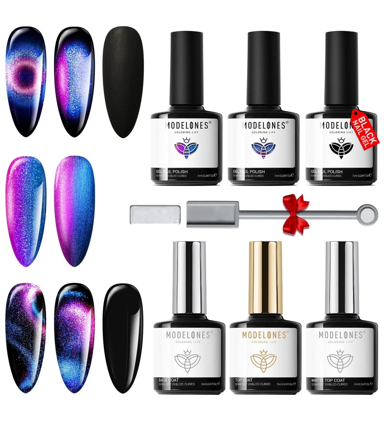Modelones Cat Eye Gel Nail Polish Set - 6 Pcs 3 Colors - 9D Magnet Black Blue Purple Glitter Holographic with Matte & Glossy Top Coat - Soak Off LED Gel for DIY Nail Art & Manicure - Buy Online on GoSupps.com